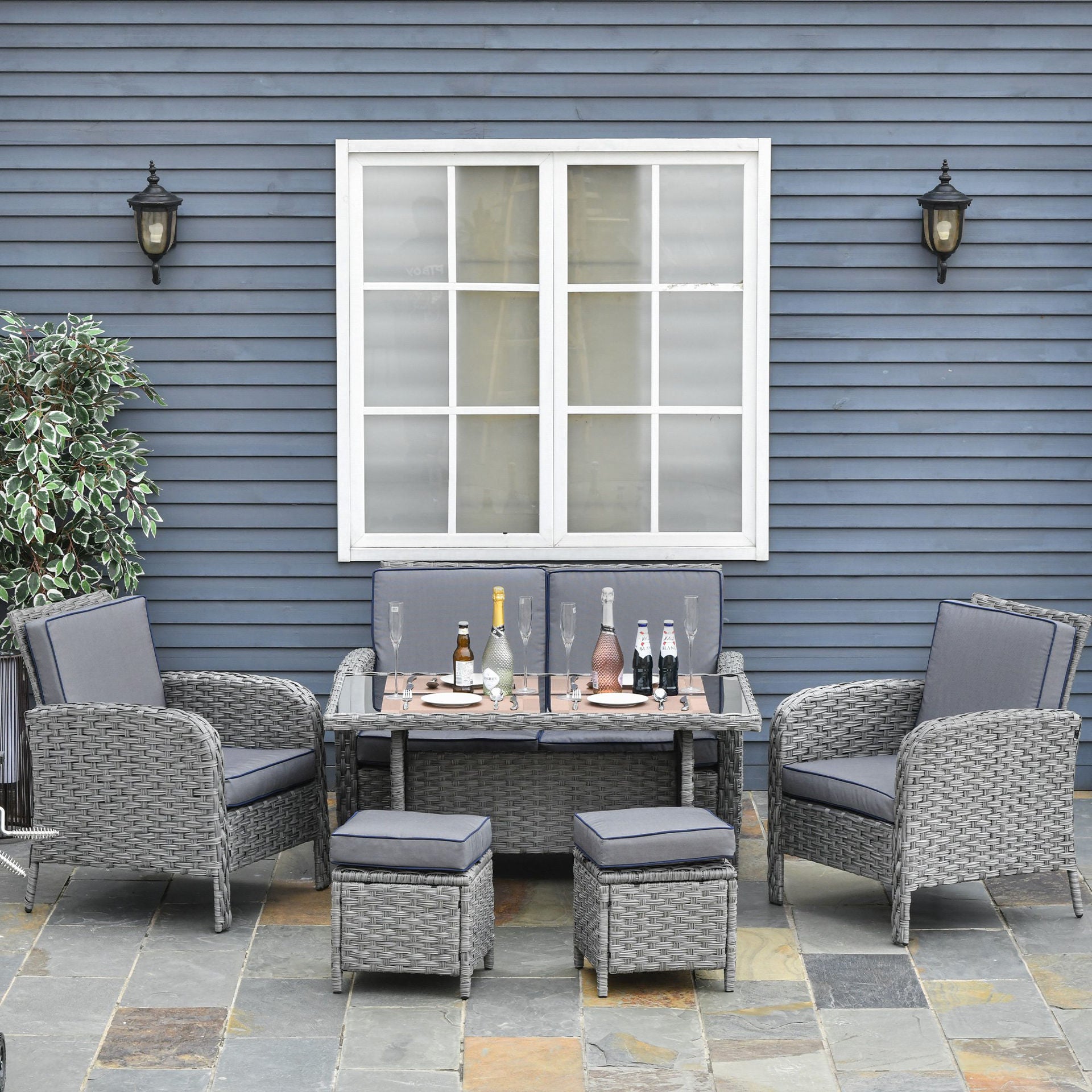 Nancy's Long Bay Polyrattan Garden Dining Set - Grijs - Metaal, Pe Rotan, Polyester - 48,81 cm x 27,55 cm x 34,64 cm
