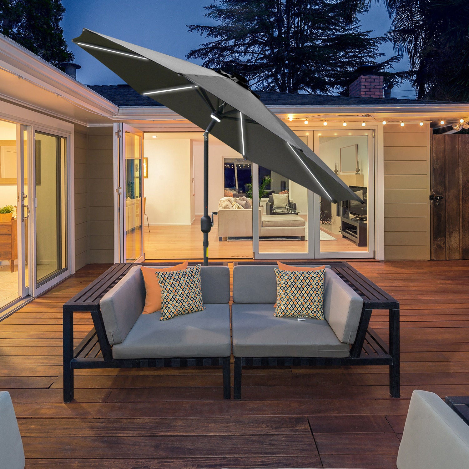 Nancy's Ab Shoal Parasol met Zonneverlichting - Zwart, Grijs - Staal, Aluminium, Polyester - cm x cm x 96,45 cm