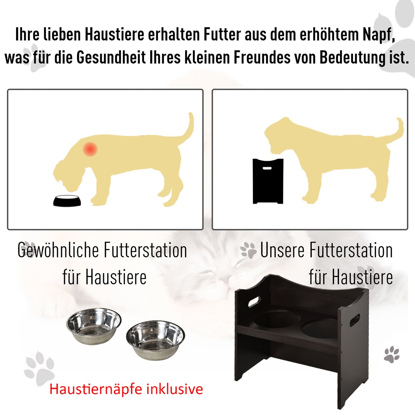 Nancy's Alice Rock In hoogte verstelbare hondenvoerbak, voederstation, roestvrijstalen bak, kattenbak, MDF, roestvrij staal