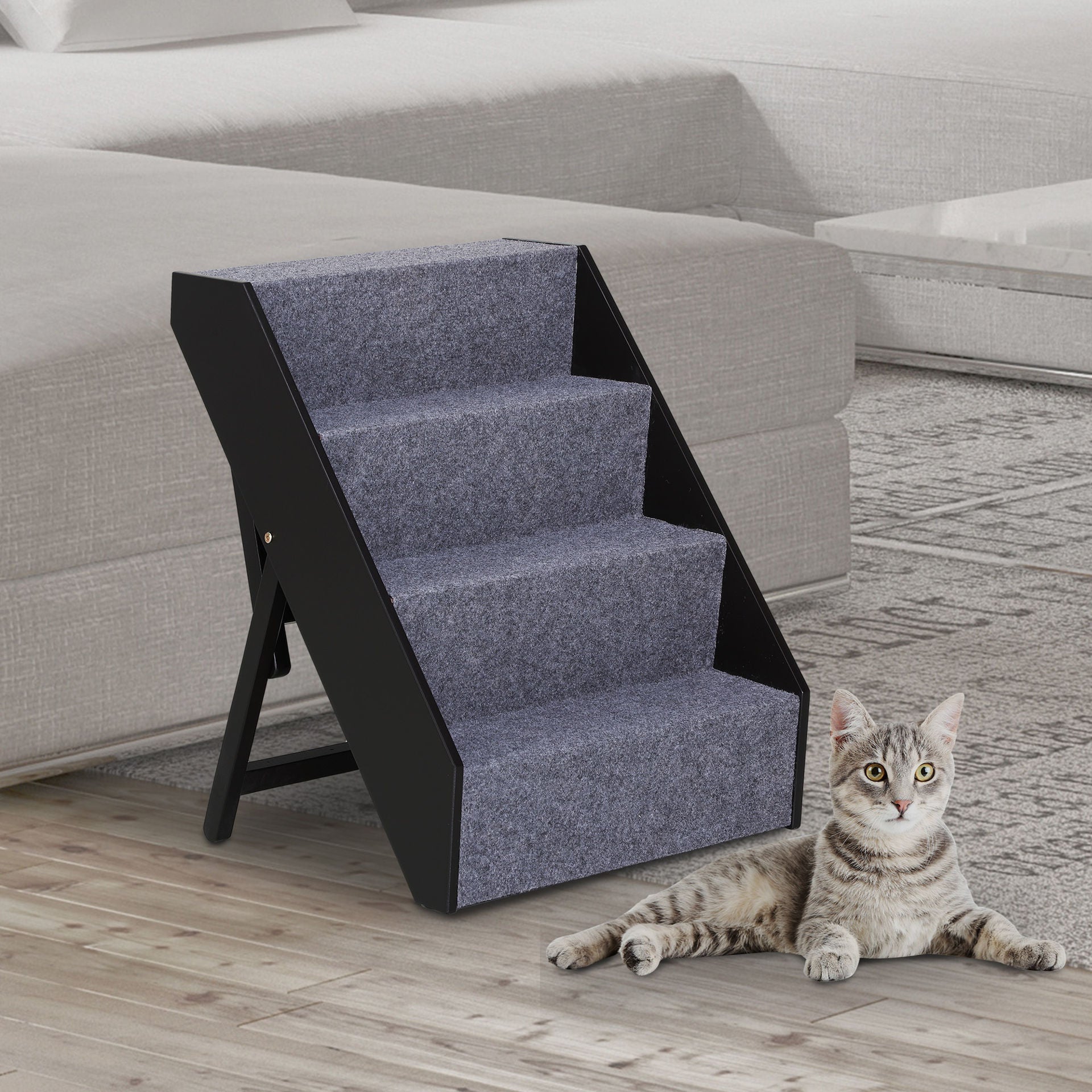 Nancy's Alta Vista Pet Stairs Met Tapijt - Grijs, Bruin - Gefabriceerd Hout, Vilt - 18,3 cm x 21,65 cm x 25,19 cm