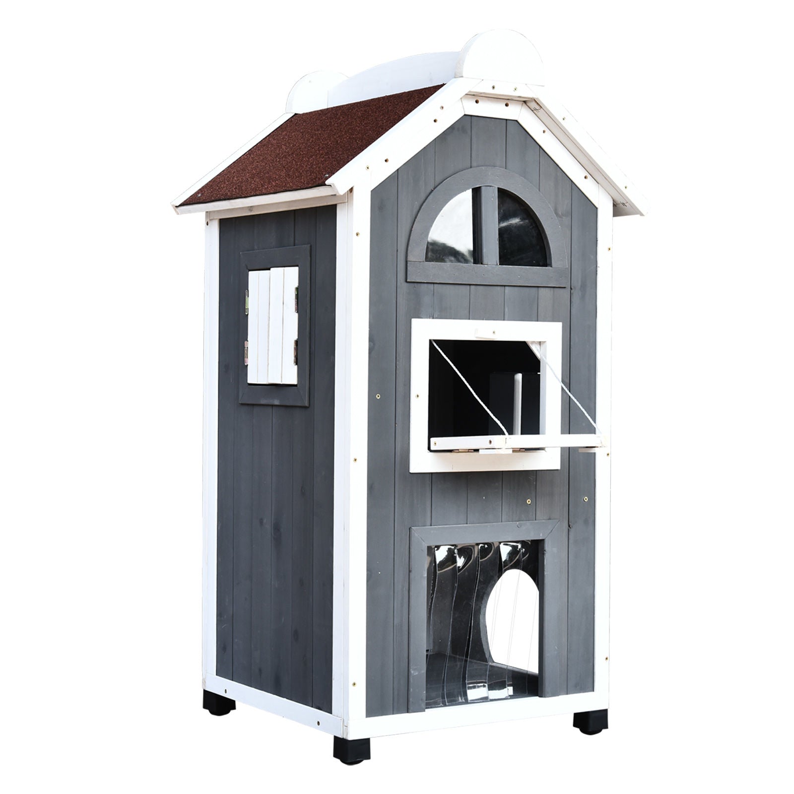 Nancy's Anglo Pond Cat House - Cat Villa - Enclos pour chat - Gris - Bois de pin - ± 60 x 55 x 110 cm