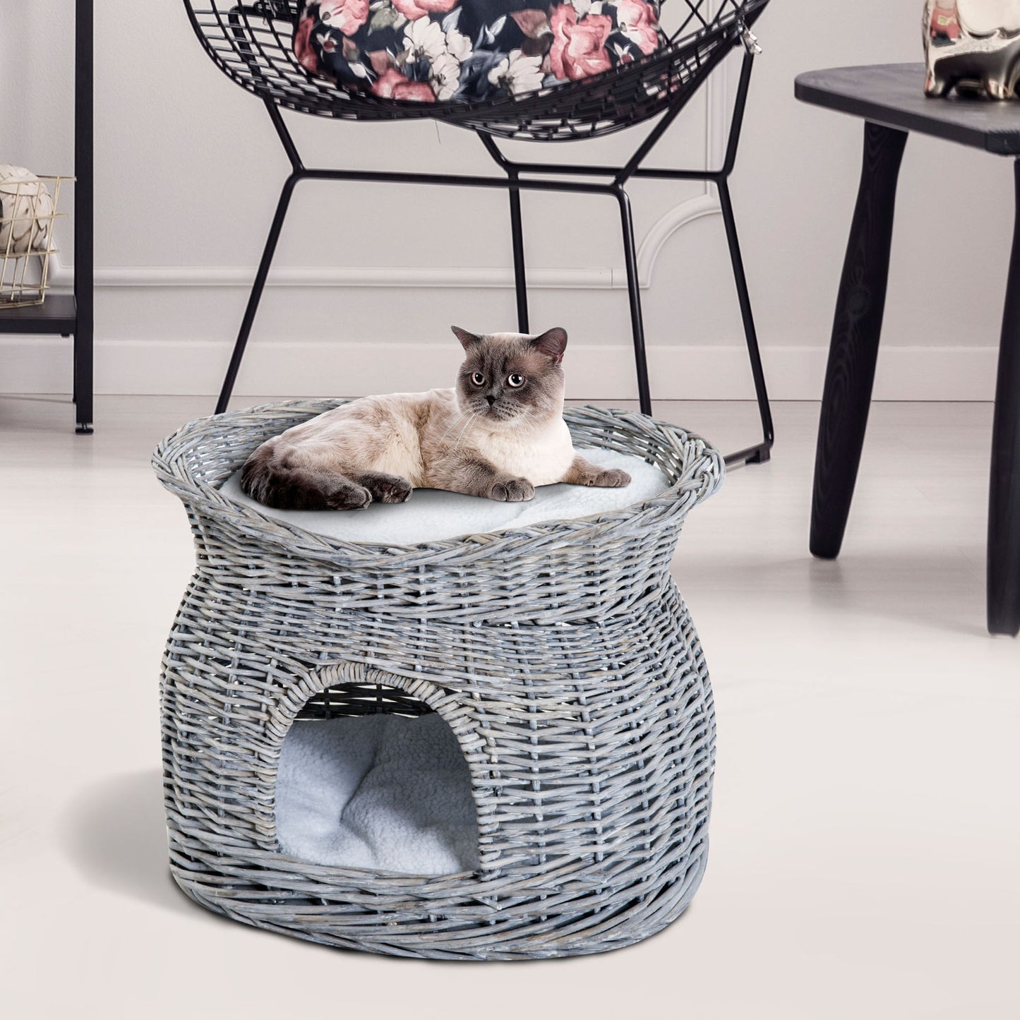 Nancy's Annand Bog Rotan Kattenmand - Kattenhut met kussen - Kattengrot - Kattenhuis - Grijs