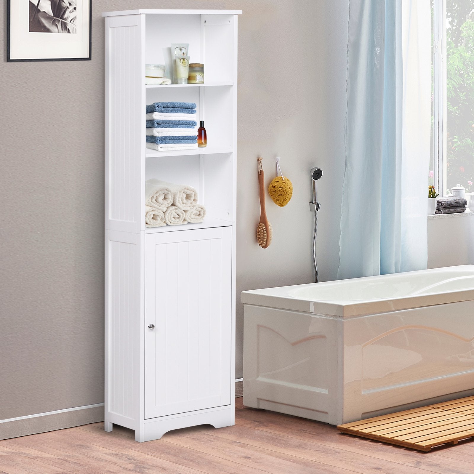 Nancy's Portsmouth Badkamerkast - Dressoir - Badkamermeubel - Staande Kast - Hoge Kast - 3 Planken - 1 Deur - 40 x 38 x 160 cm - Hout - Wit