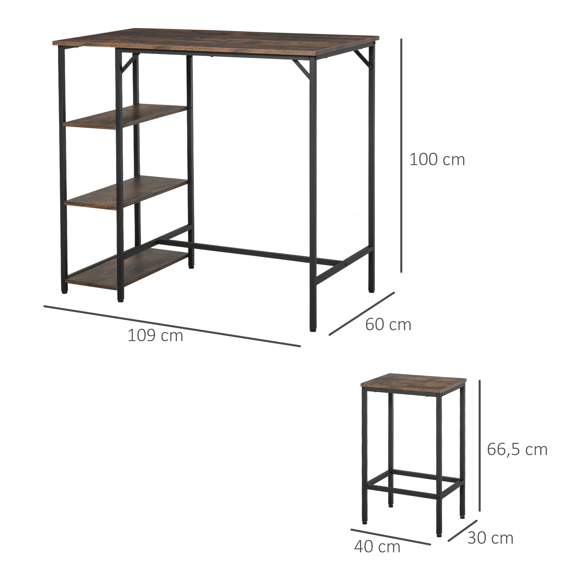 Nancy's Laie Bartafelset - 2 Barkrukken - Hoge Tafel - Staal - Zwart/Bruin - 109 x 60 x 100 cm