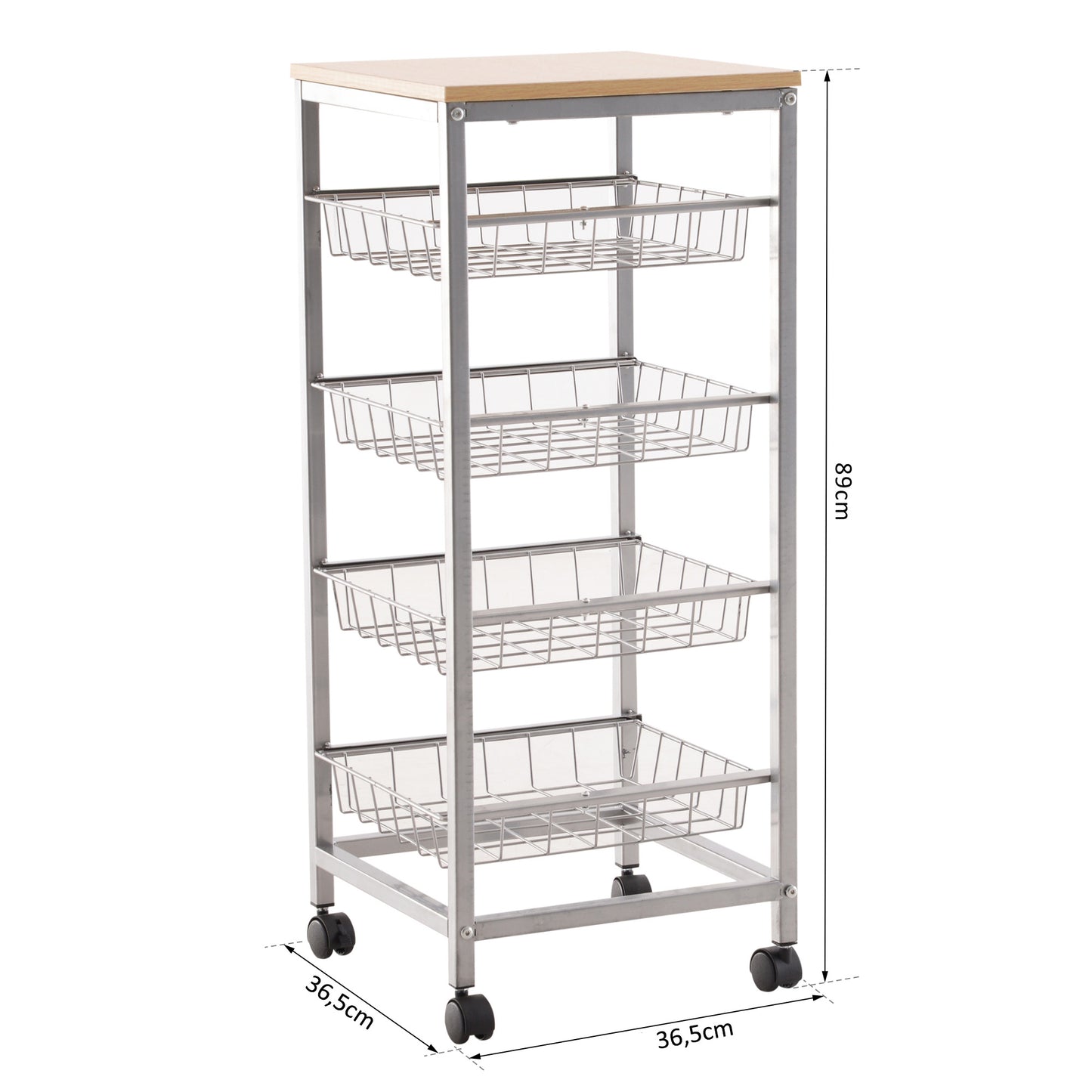 Nancy's Sandusky Keukentrolley - Keukenwagen - Serveerwagen - 4 -Laags - Draadmanden - 36.5 x 36.5 x 89 cm - Staal - MDF -