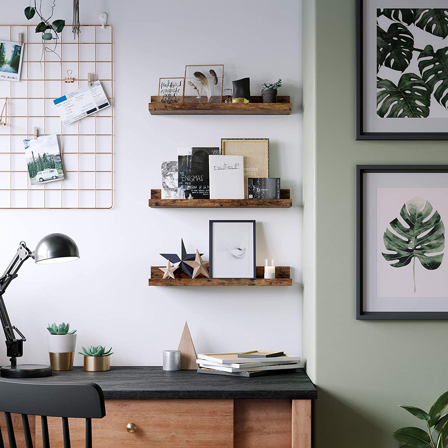 Nancy's Wandplank Industrieel Hout - Set van 3 - Zwevend - Wandplanken - Industrieel - Spaanplaat - Lengte 38 cm - Vintage bruin