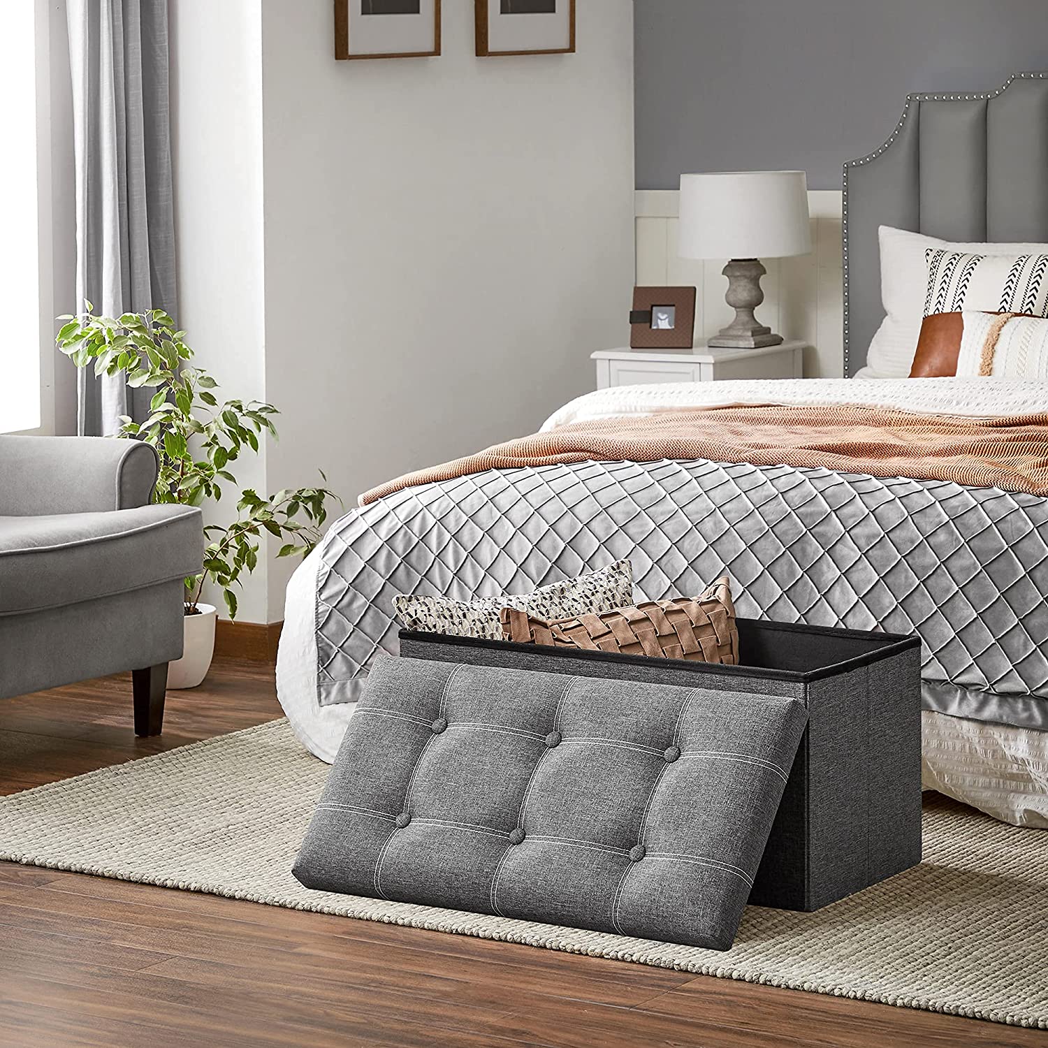 Banc Nancy's Glenm avec rangement - Banc avec espace de rangement - Repose-pieds - 80L - Gris foncé - 76 x 38 x 38 cm