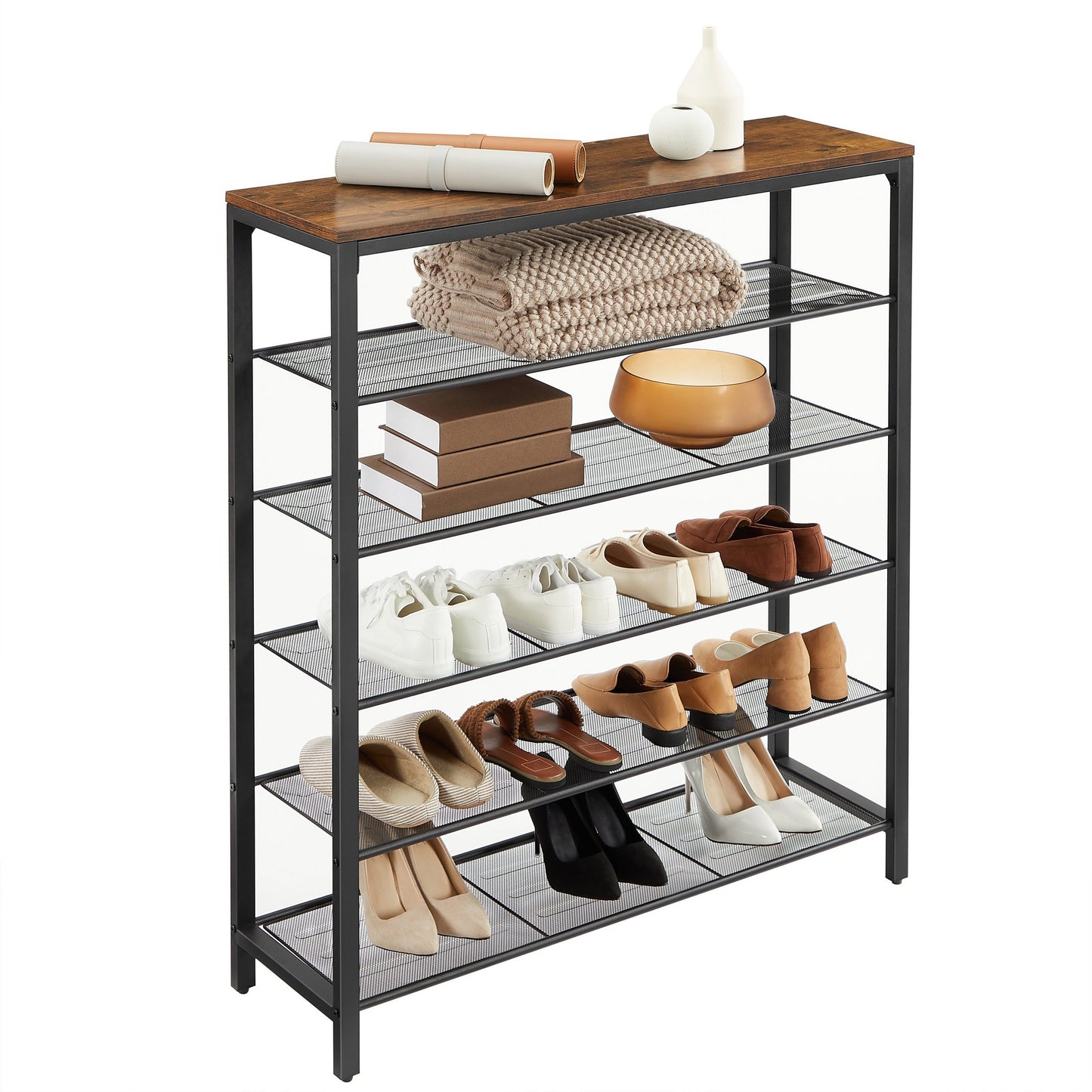 Nancy's Columbus Schoenenrek - Schoenenkast - 5 Niveaus - Bijzetkast - 20 Paar Schoenen - Metalen Frame - Gangkast - 100 x 30 x 100 cm - Industrieel - Bruin - Zwart