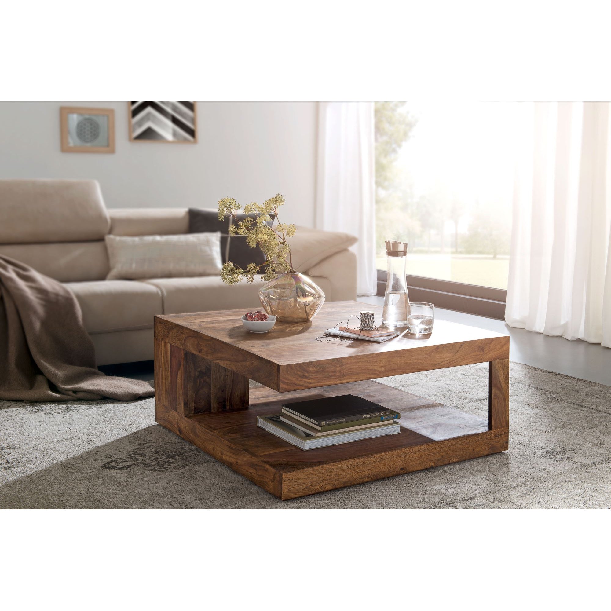 Table basse Nancy's Dyersburg - Table basse - Table carrée - Espace de rangement - Bois massif - Bois de Sheesham - Sheesham - 90 x 90 cm