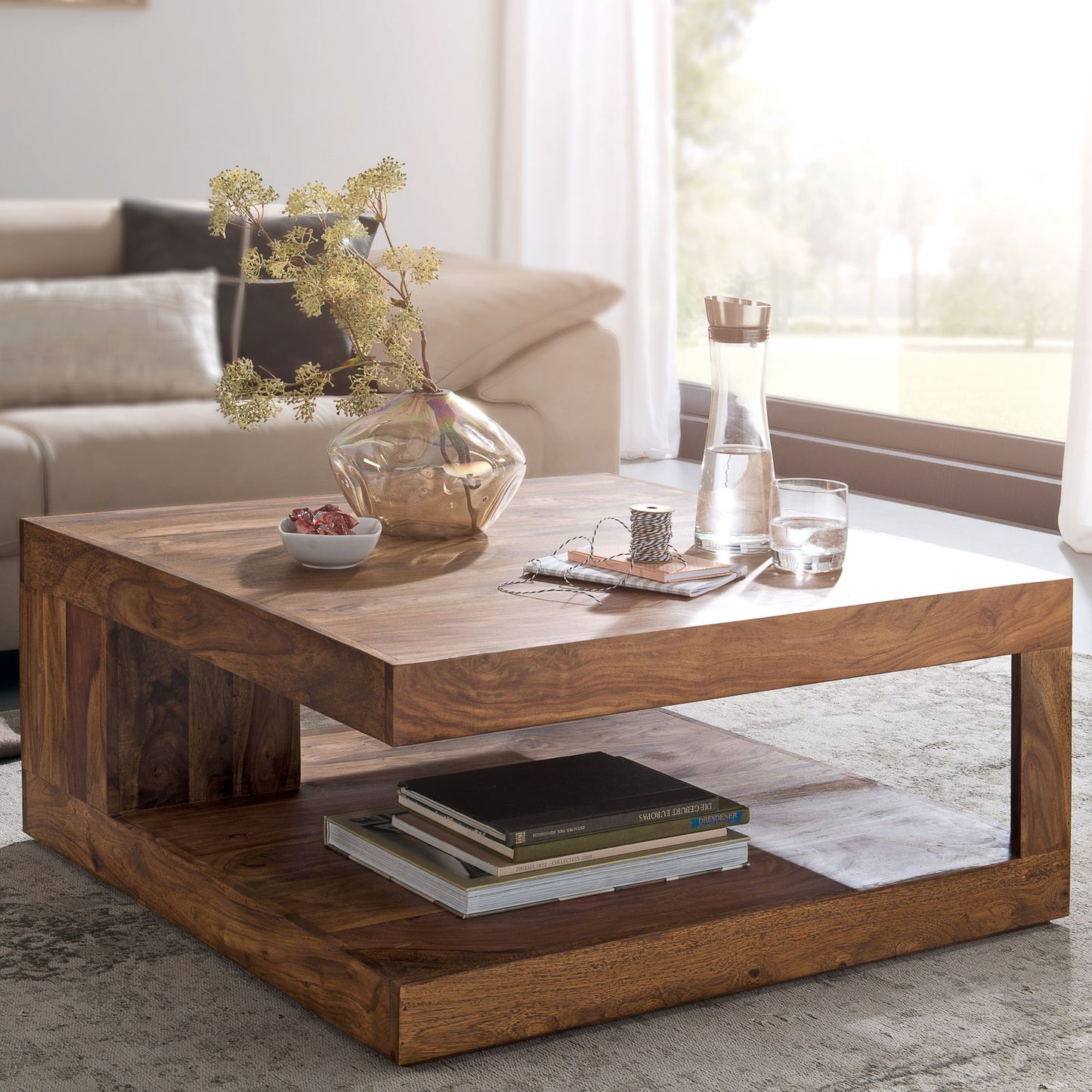 Nancy's Dyersburg Salontafel - Koffietafel - Vierkante Tafel - Opbergruimte - Massief Hout - Sheesham Hout - Sheesham- 90 x 90 cm