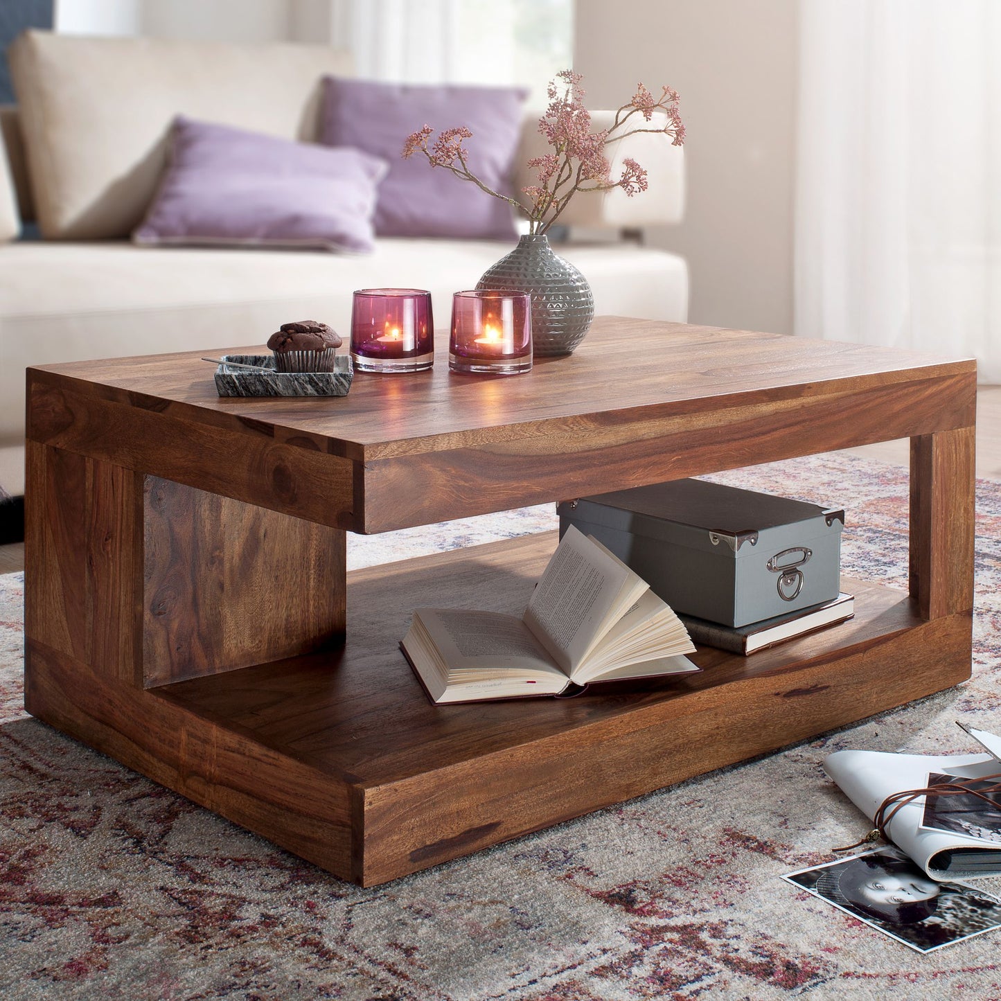 Nancy's Dyersburg Salontafel - Koffietafel - Vierkante Tafel - Opbergruimte - Massief Hout - Sheesham Hout - Sheesham- 90 x 90 cm