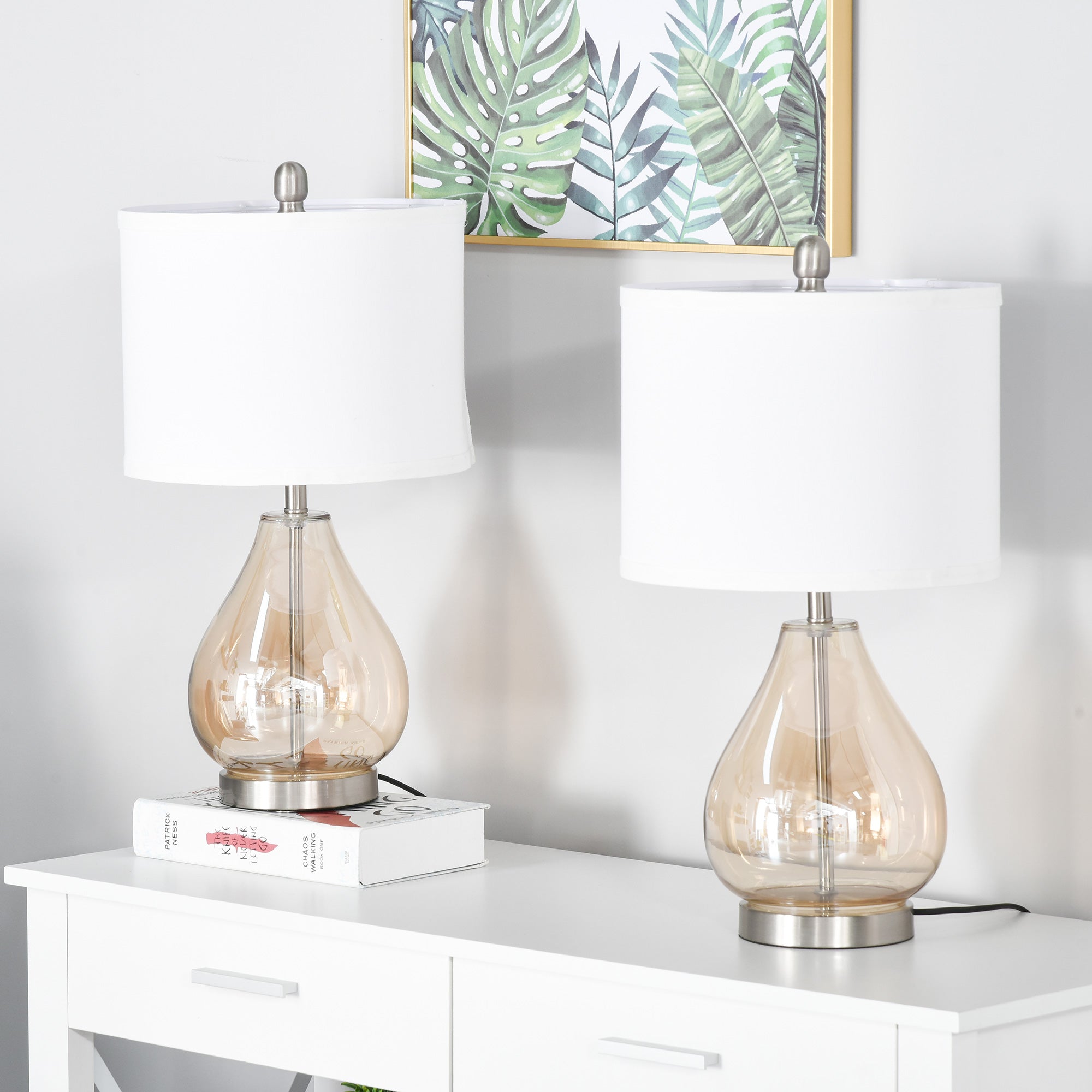 Nancy's Toele lot de 2 lampes de table - Acier/Verre/Lin - Blanc - 30 x 56 cm