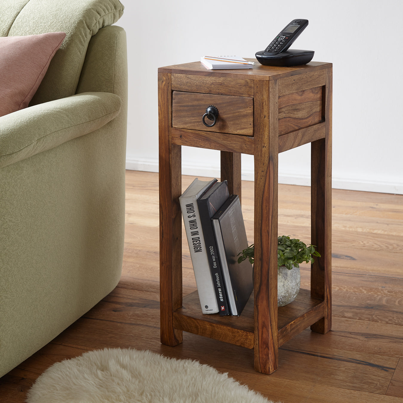 Table d'appoint Nancy's Keene - Table d'appoint en bois massif - Table téléphonique - Fait main - Tiroir - Marron - 30 x 30 x 68 cm