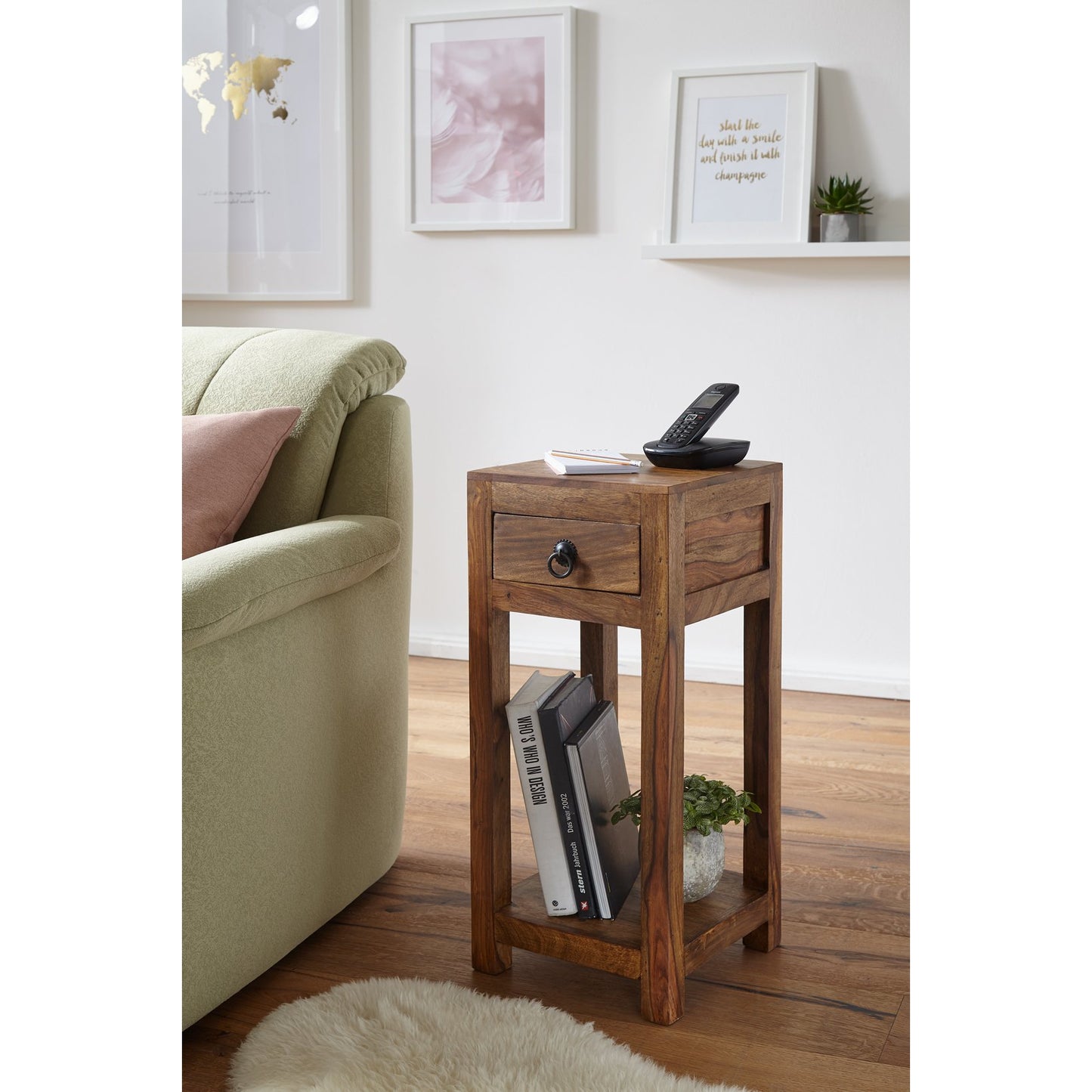 Nancy's Keene Bijzettafel - Massief Houten Bijzettafel - Telefoontafel - Handgemaakt - Lade - Bruin - 30 x 30 x 68 cm