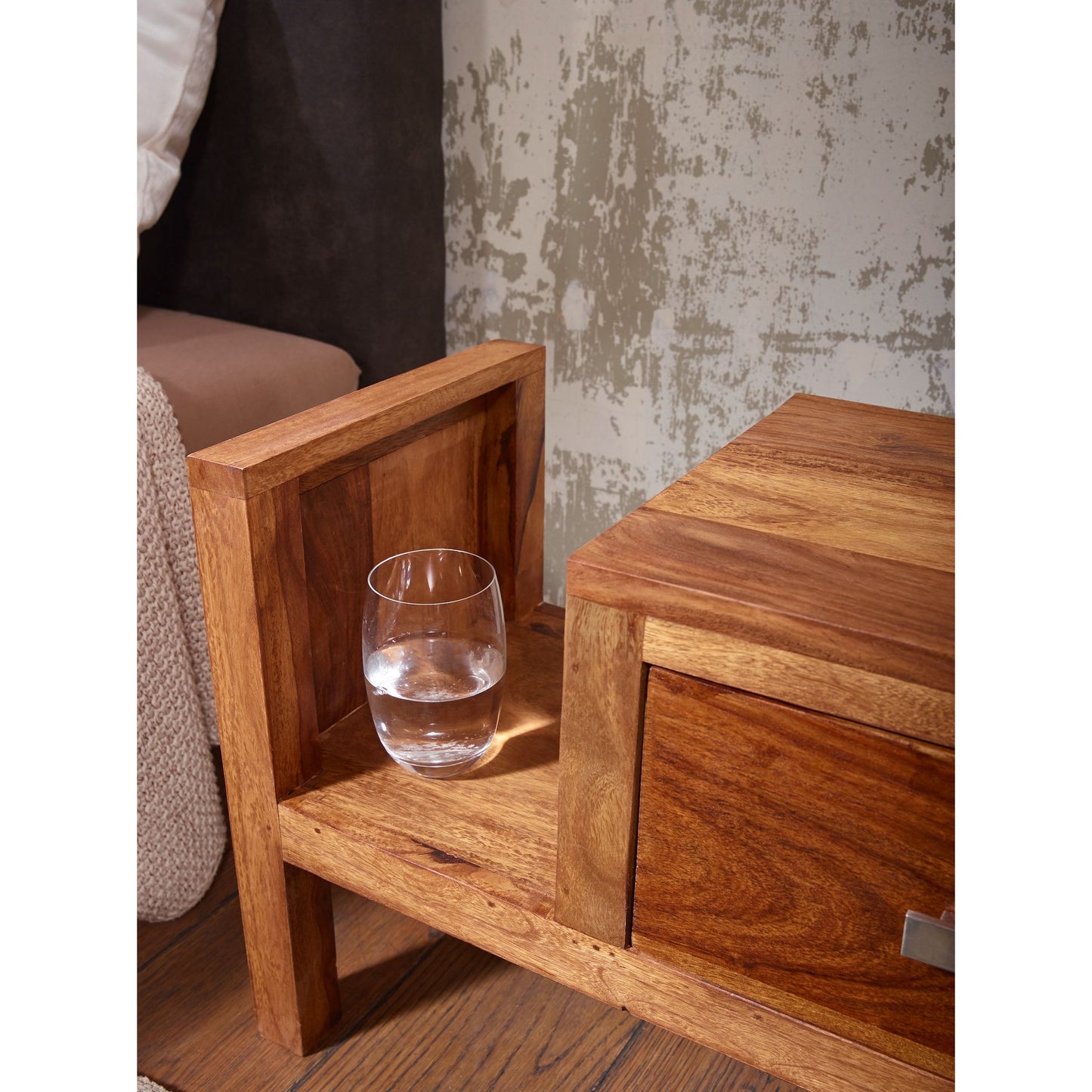 Table de chevet Findlay de Nancy - Table de chevet en bois massif - Sheesham - Porte-journaux - Tiroir - Table d'appoint - Marron