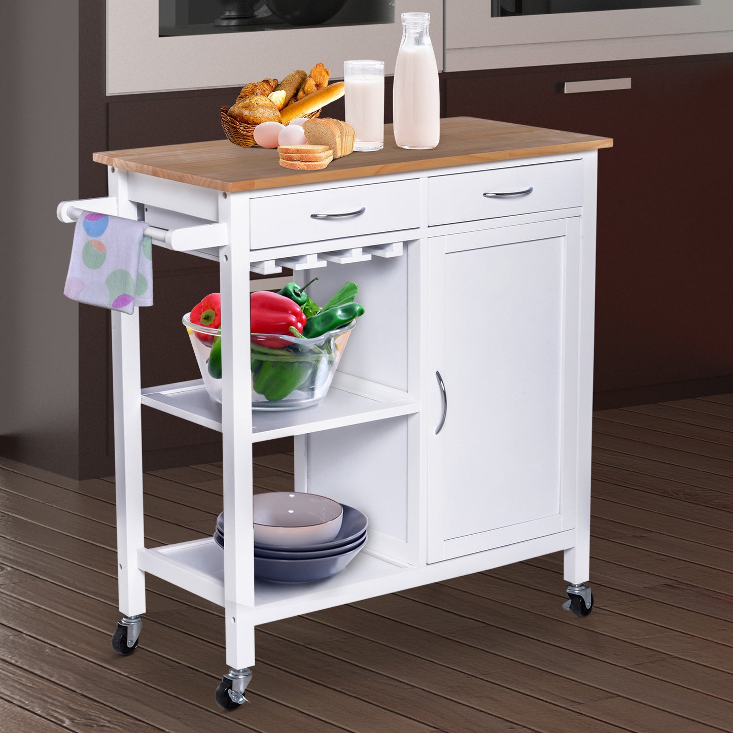 Nancy's Zanesville Keukentrolley - Serveerwagen - 2 Lades - Op Wieltjes - 4 Opbergvakken - 88.5 x 40 x 86 cm - Wit - Bruin