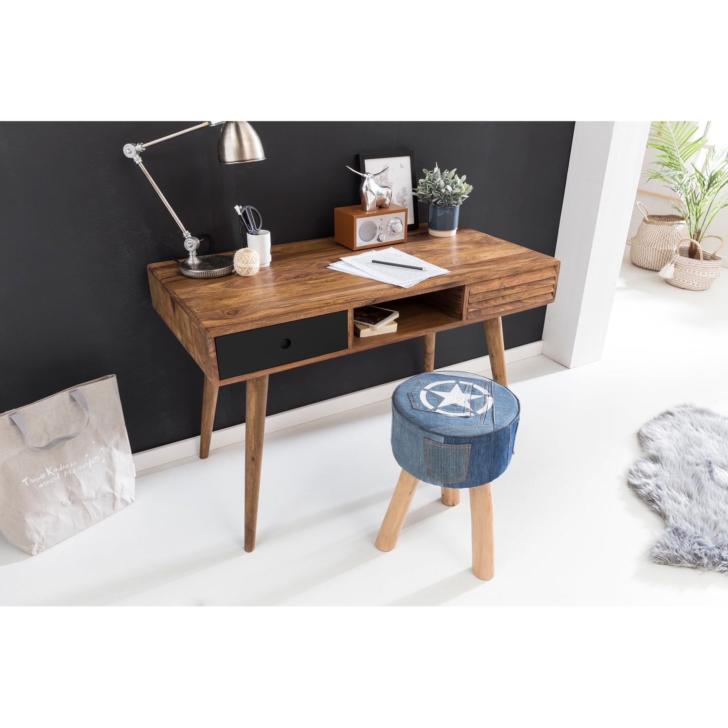 Nancy's Vernal Desk - Table de bureau - Table d'ordinateur portable - Bois massif Sheesham - Marron - Blanc - Tiroirs