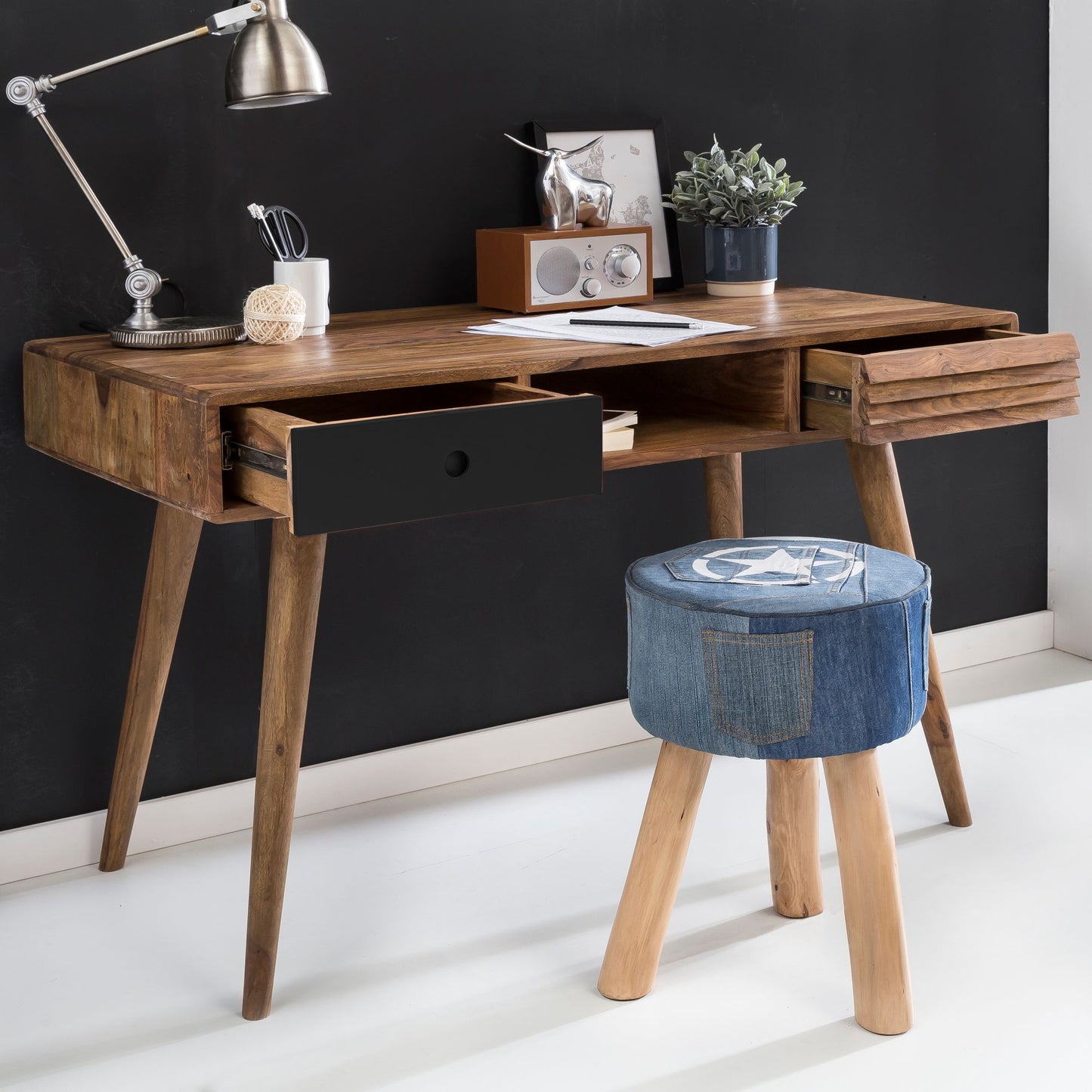 Nancy's Vernal Desk - Table de bureau - Table d'ordinateur portable - Bois massif Sheesham - Marron - Blanc - Tiroirs