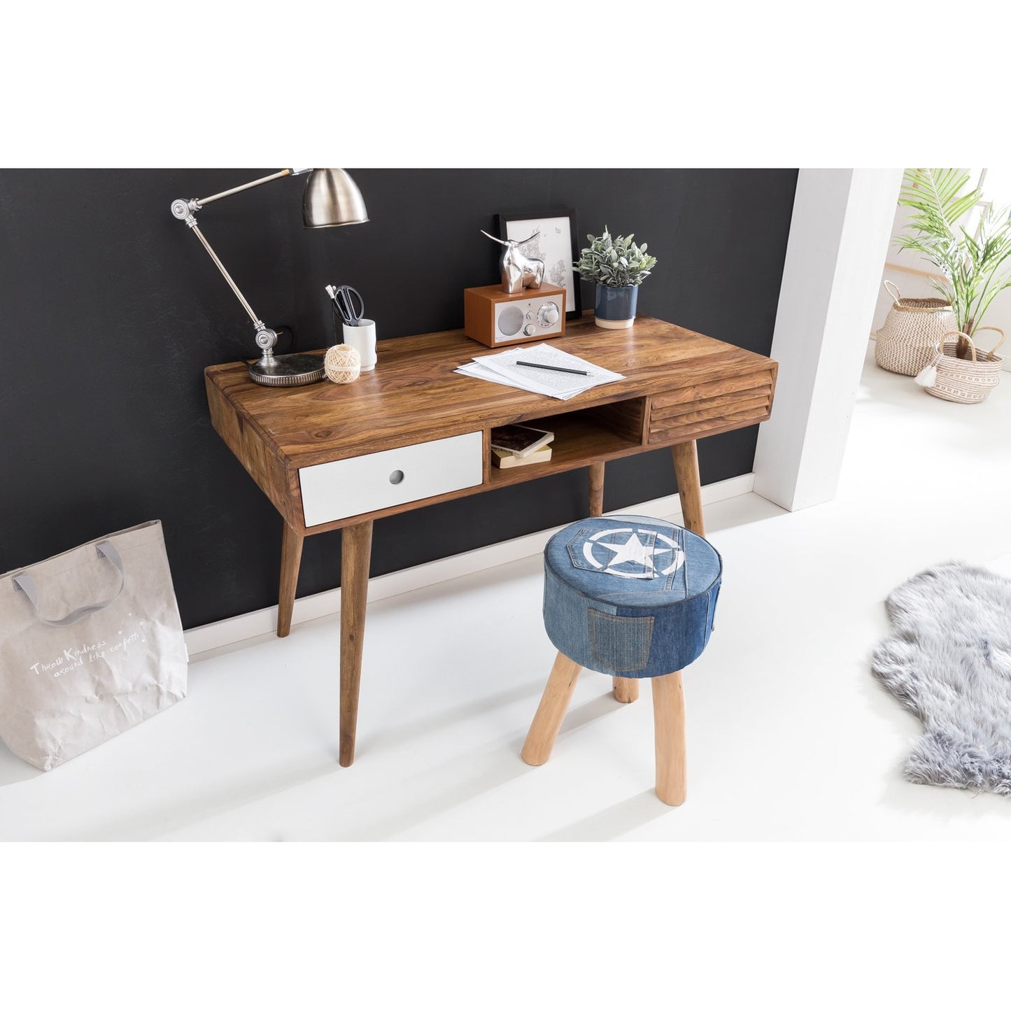 Nancy's Vernal Desk - Table de bureau - Table d'ordinateur portable - Bois massif Sheesham - Marron - Blanc - Tiroirs
