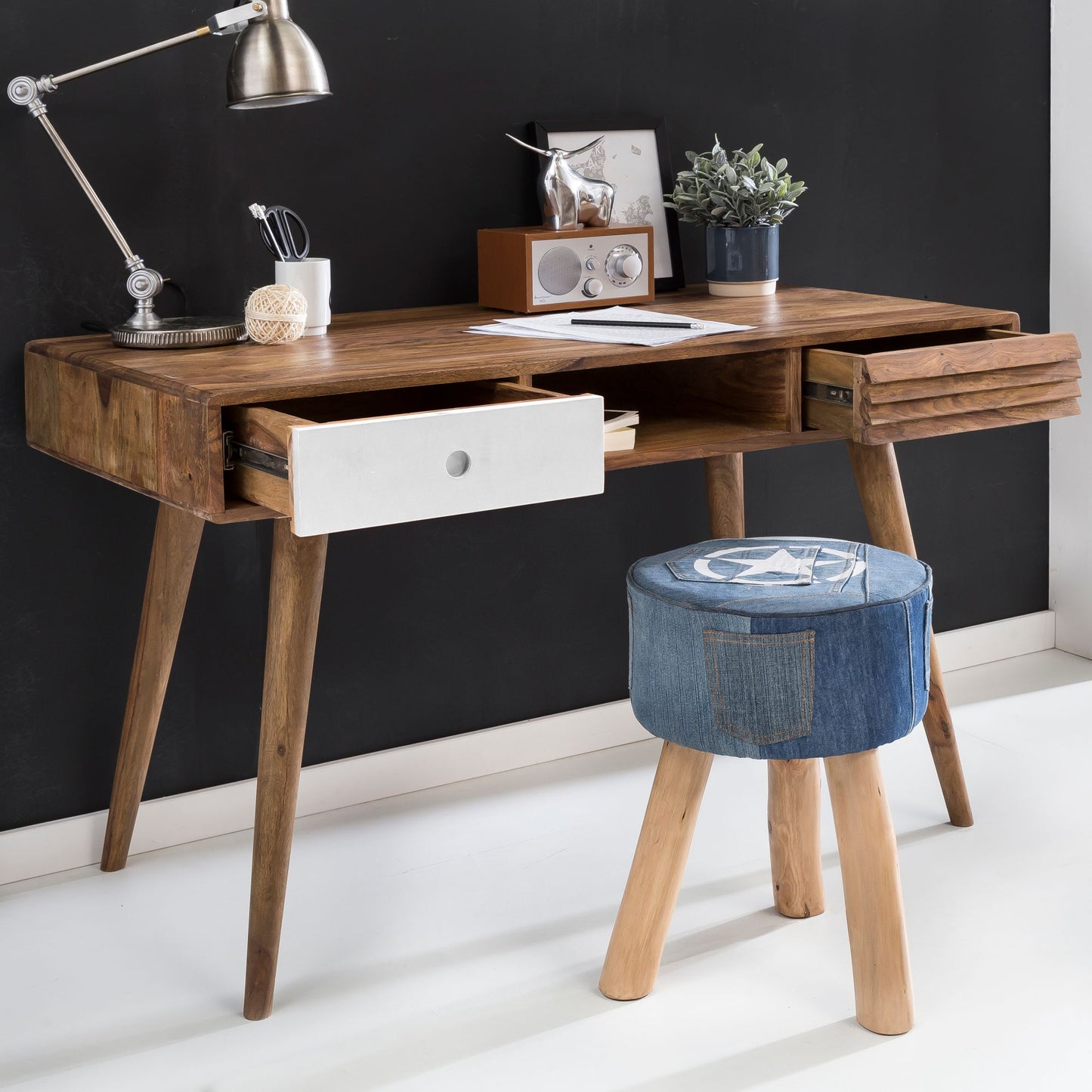 Nancy's Vernal Desk - Table de bureau - Table d'ordinateur portable - Bois massif Sheesham - Marron - Blanc - Tiroirs