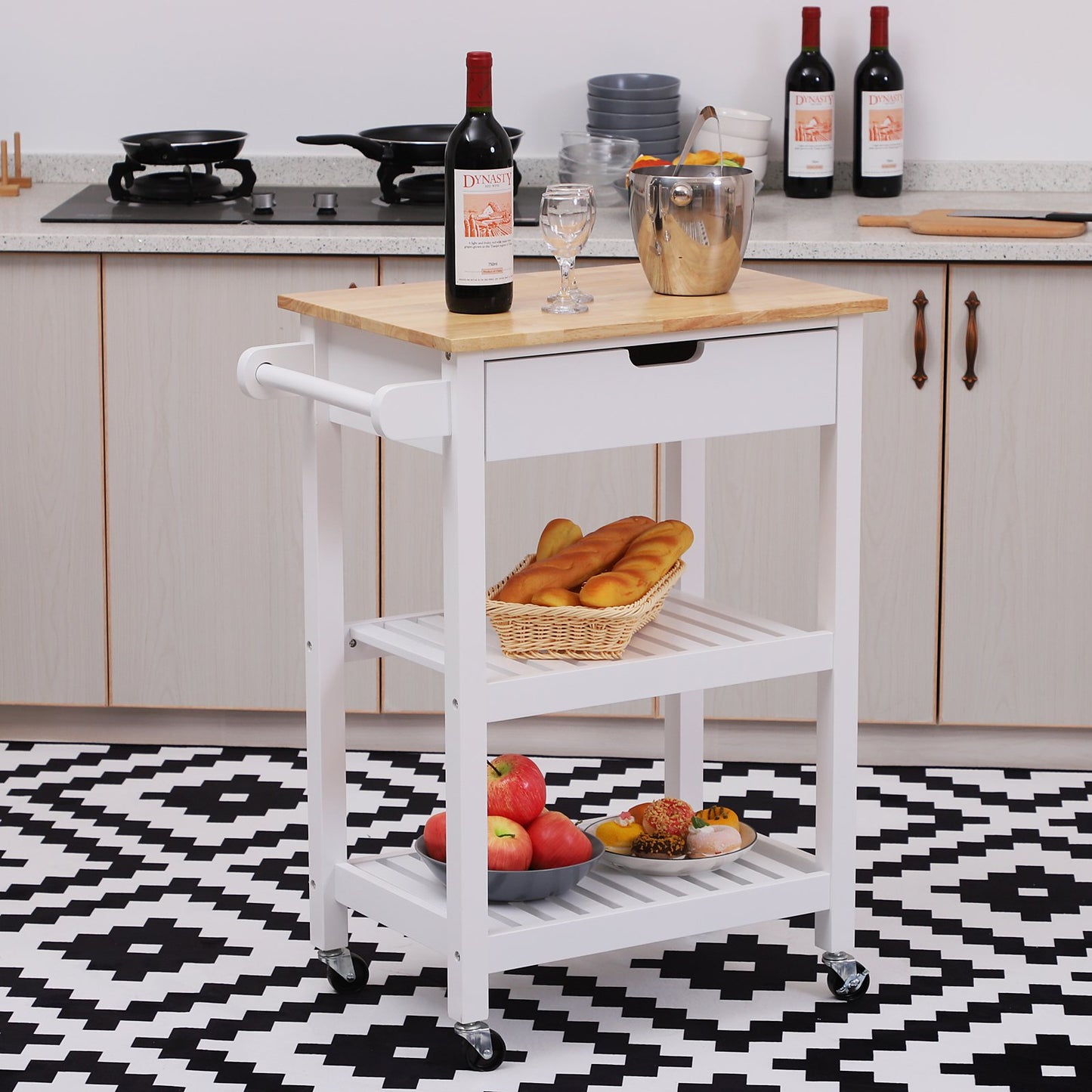 Nancy's Wooster Keukenwagen - Serveerwagen - Keukentrolley - Lade - Planken - Handvat - Hout - 64 x 39 x 84.5 cm - Wit - Natuurlijke Kleur