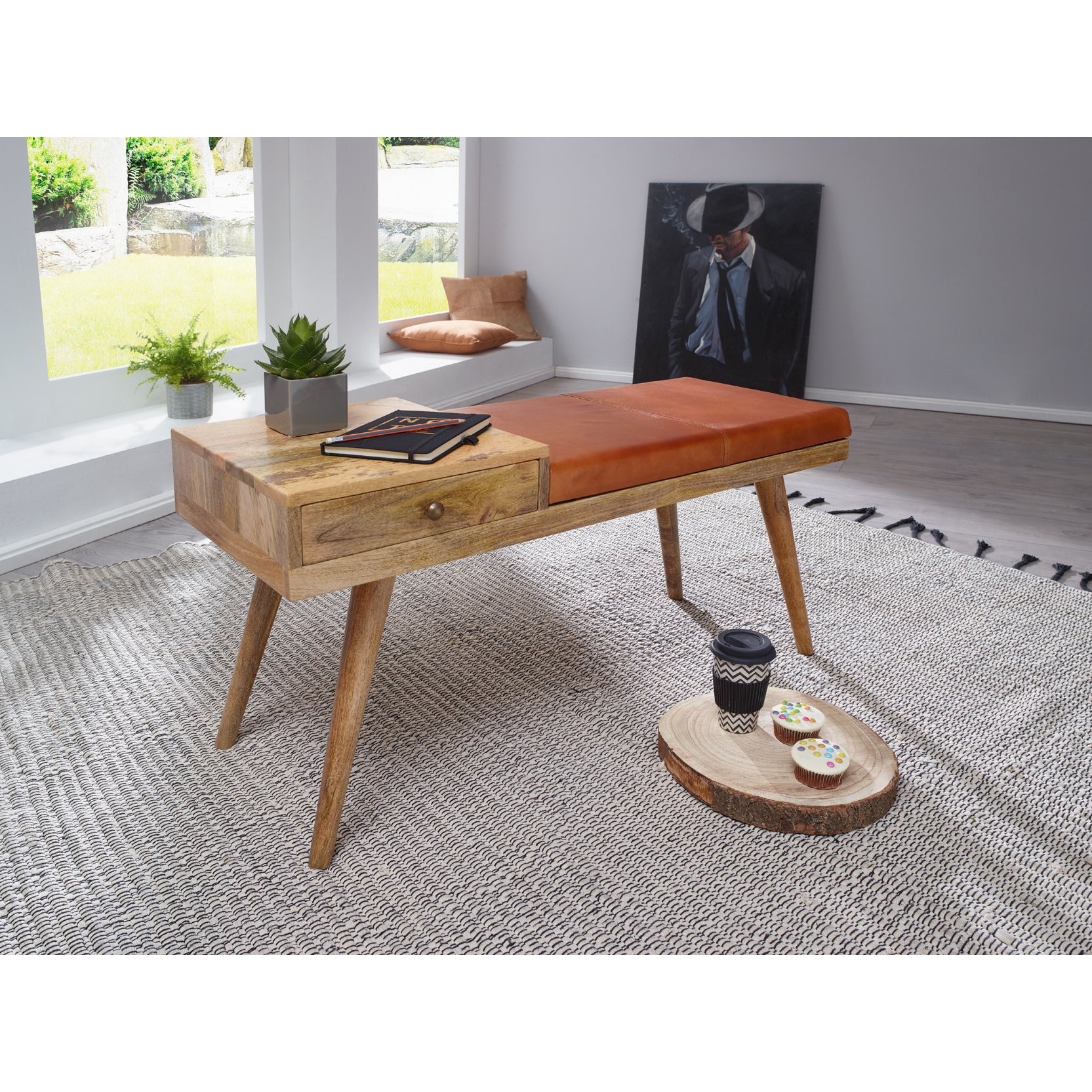 Nancy's Fruita Bank - Zitbank - Lade - Massief Hout - Mangohout - Geitenleer - Bruin - 100 x 38 x 52 cm