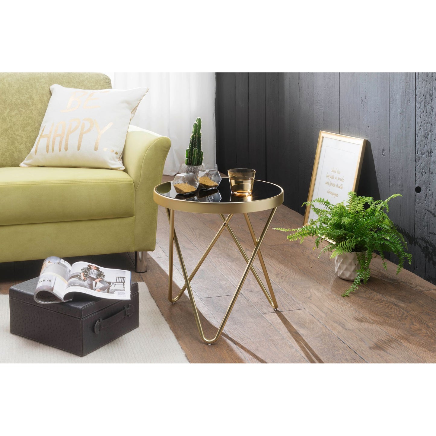 Nancy's Brookside Bijzettafel - Salontafel - Koffietafel - Zwart / Goud - Glas / Staal - ± Ø 40 x 45 cm