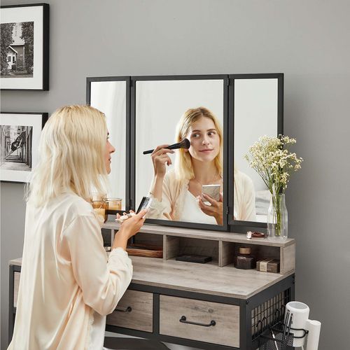 Nancy's Media Kaptafel met Inklapbare Spiegel - Make-up Tafel - Kaptafels - Industrieel- Greige Zwart - 90 x 40 x 141 cm