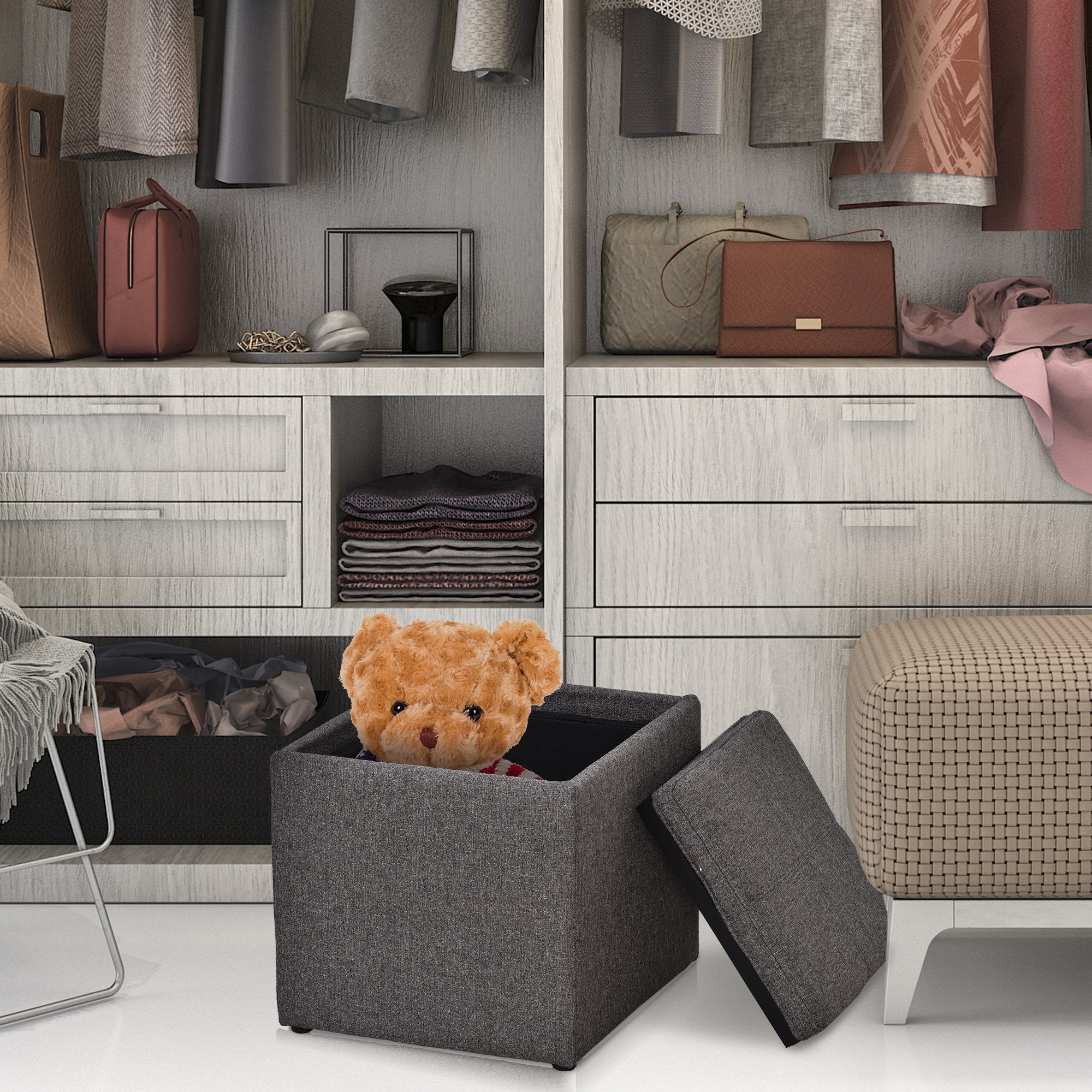 Nancy's Augusta Hocker - Espace de rangement - Pouf - Lin - Plateau - Tabouret - 42 x 42 x 41 cm - Gris foncé