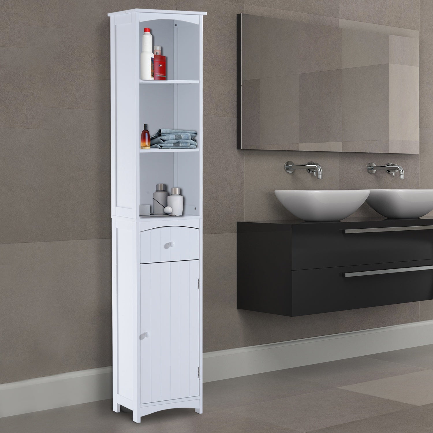Nancy's Manassas Badkamerkast - Badkamermeubel - 3 Planken - 34 x 24 x 170 cm - 1 Lade - 1 Deur - Hoge Kast - MDF - Wit