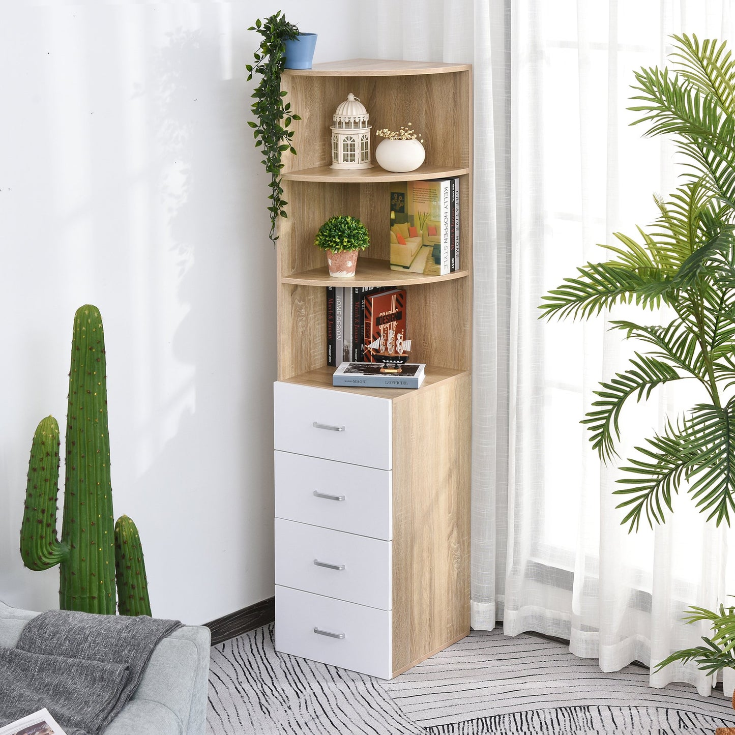 Nancy's Defiance Boekenkast - 3 Niveaus - 4 Lades - Bewerkt Hout - Melamine - 40 x 40 x 170 cm - Naturel - Wit
