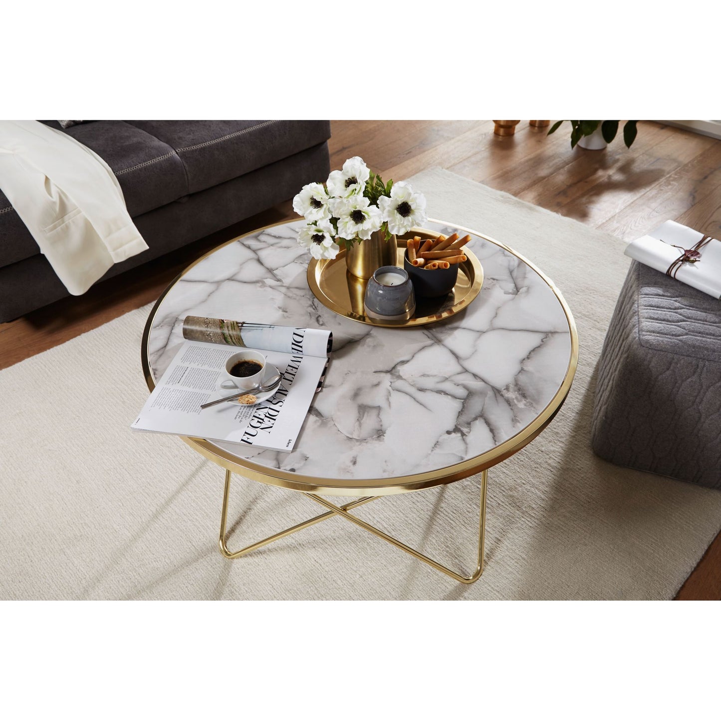 Nancy's Canton Salontafel - Koffietafel - Wit / Goud - Marmerlook / Staal - ± Ø 85 x 50 cm