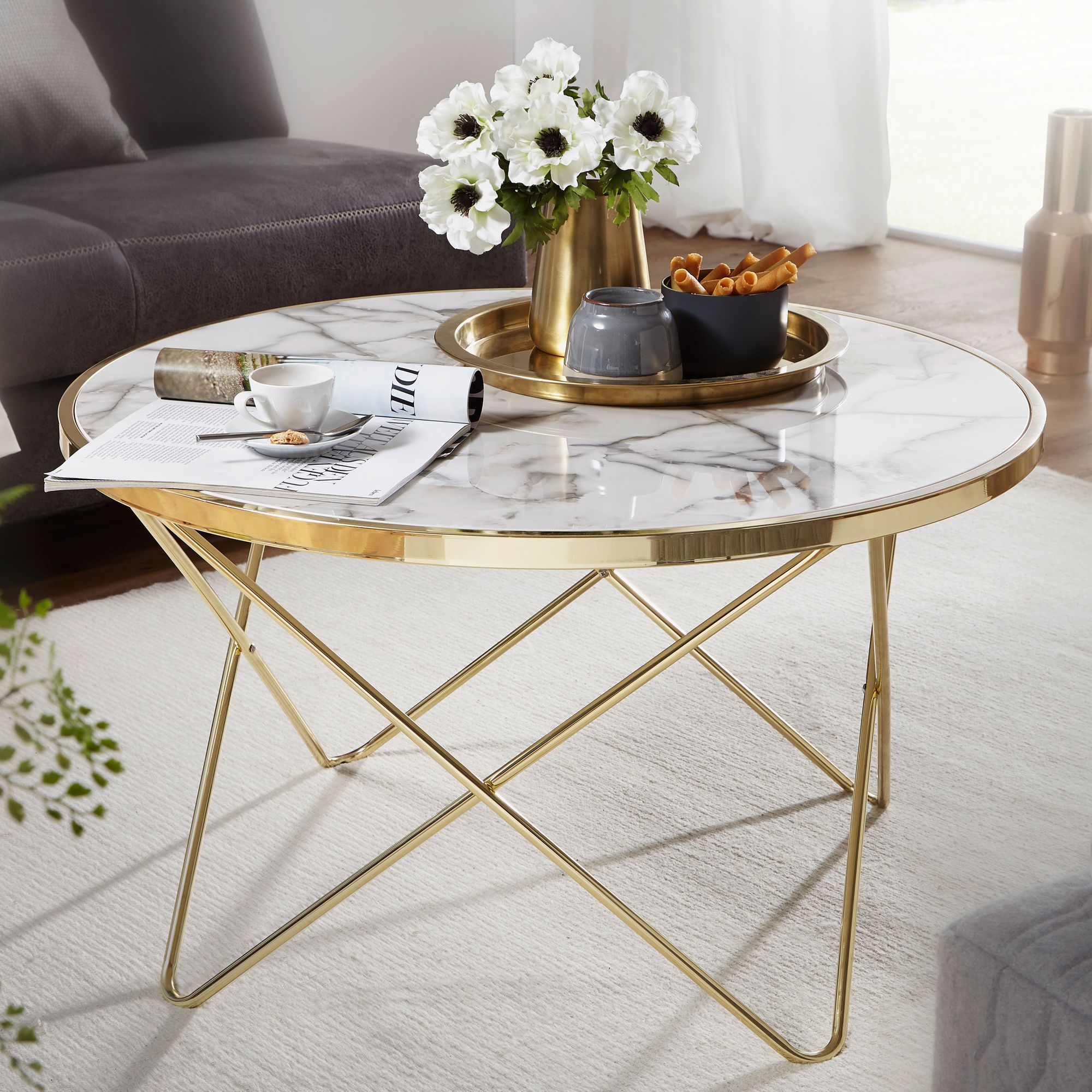 Nancy's Canton Coffee Table - Coffee Table - White / Gold - Marble Look / Steel - ± Ø 85 x 50 cm