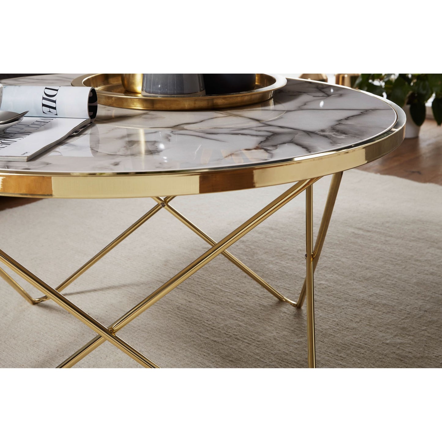 Nancy's Canton Salontafel - Koffietafel - Wit / Goud - Marmerlook / Staal - ± Ø 85 x 50 cm
