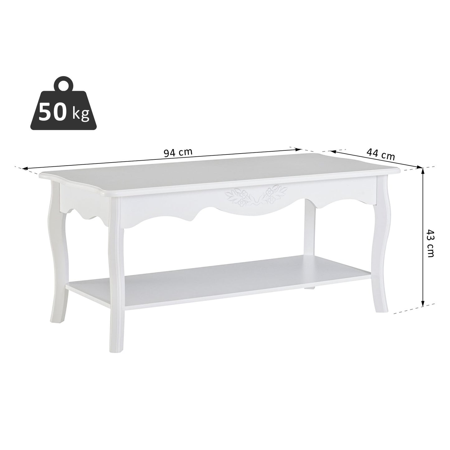 Nancy's Kendall Salontafel - Koffietafel - Bijzettafel - Opbergruimte - Hout - Wit - Rechthoekig - 94 x 44 x 43 cm