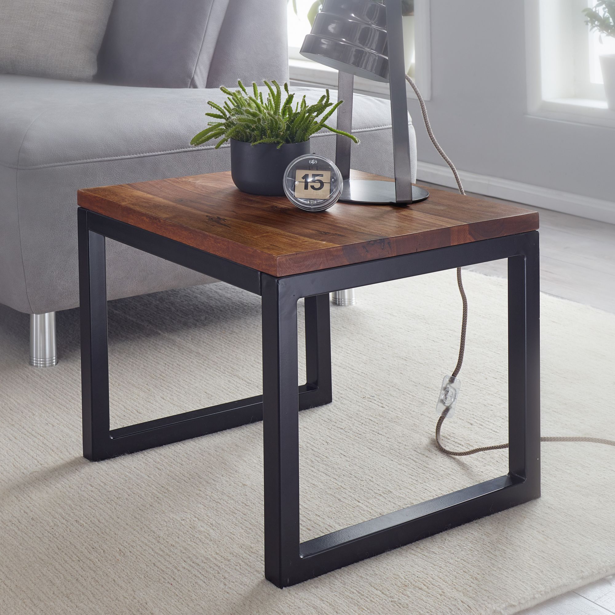 Nancy's Watervliet Bijzettafel - Massief Houten Bijzettafel - Tafel - Salontafel - Koffietafel - Sheesham Hout - 45 x 40 x 45 cm - Bruin - Zwart