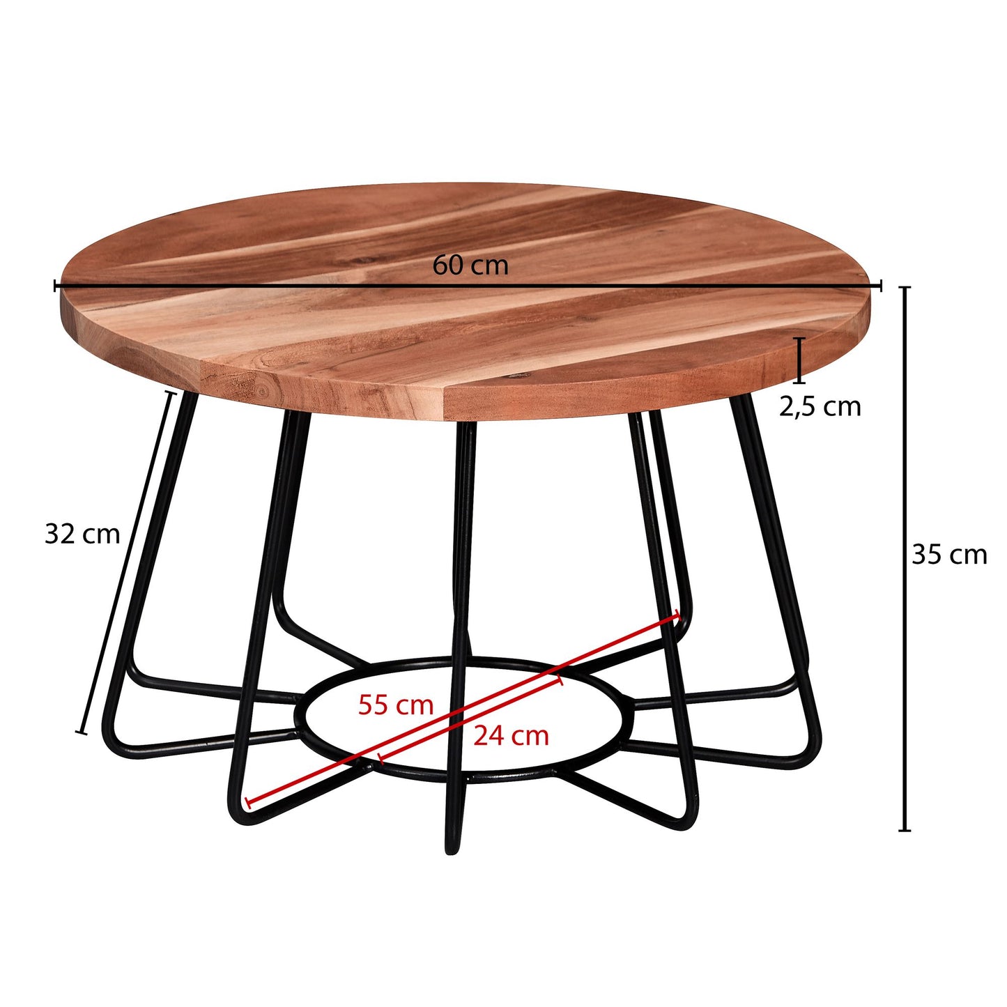 Nancy's Holyoke Salontafel - Massief Houten Tafel - Acaciahout - Rond - Bijzettafel - 60 cm - RVS - Bruin