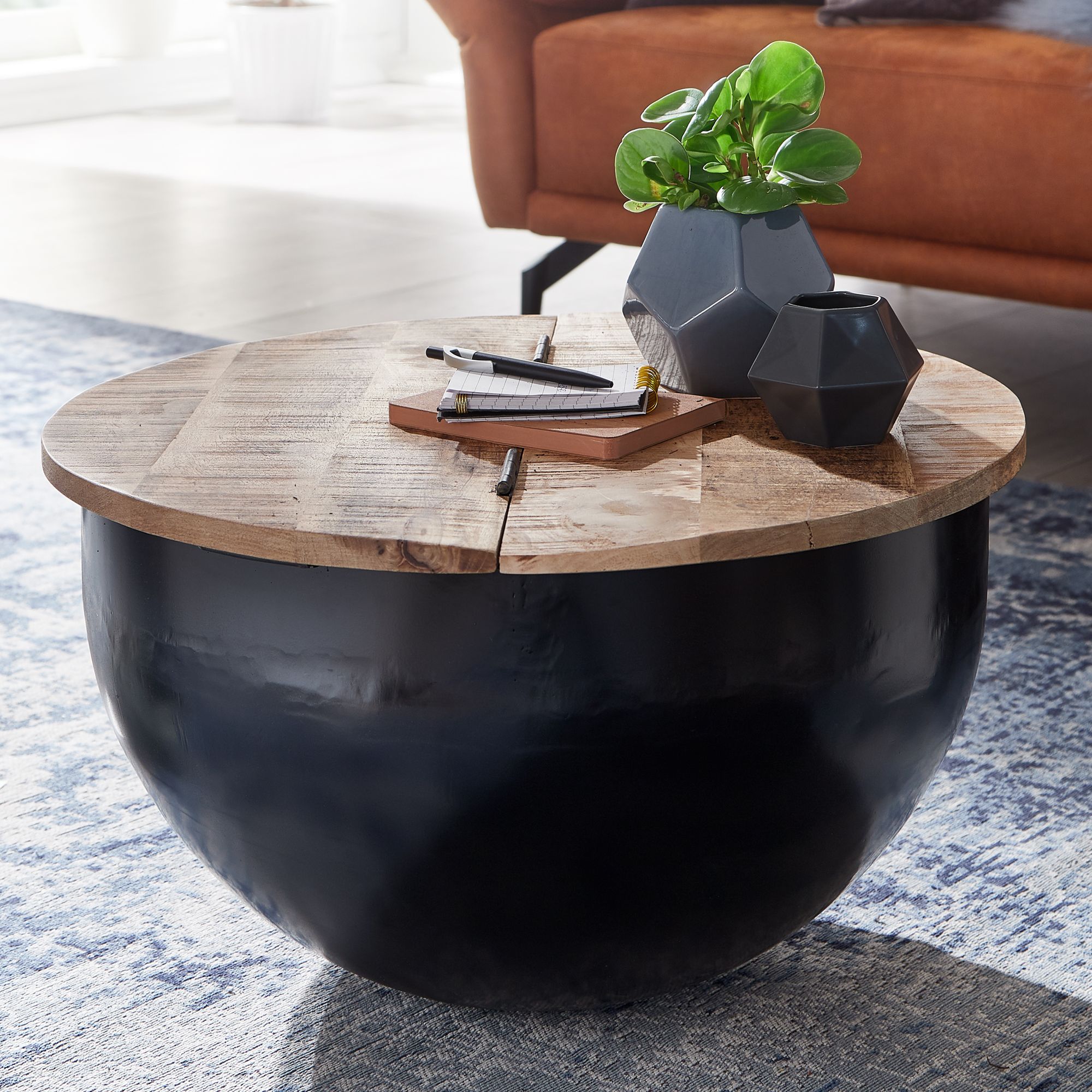 Nancy's Pembina Coffee Table - Coffee Table - Side Table - Brown / Black - Recycled Solid Mango Wood / Steel - ± Ø 60 x 35 cm