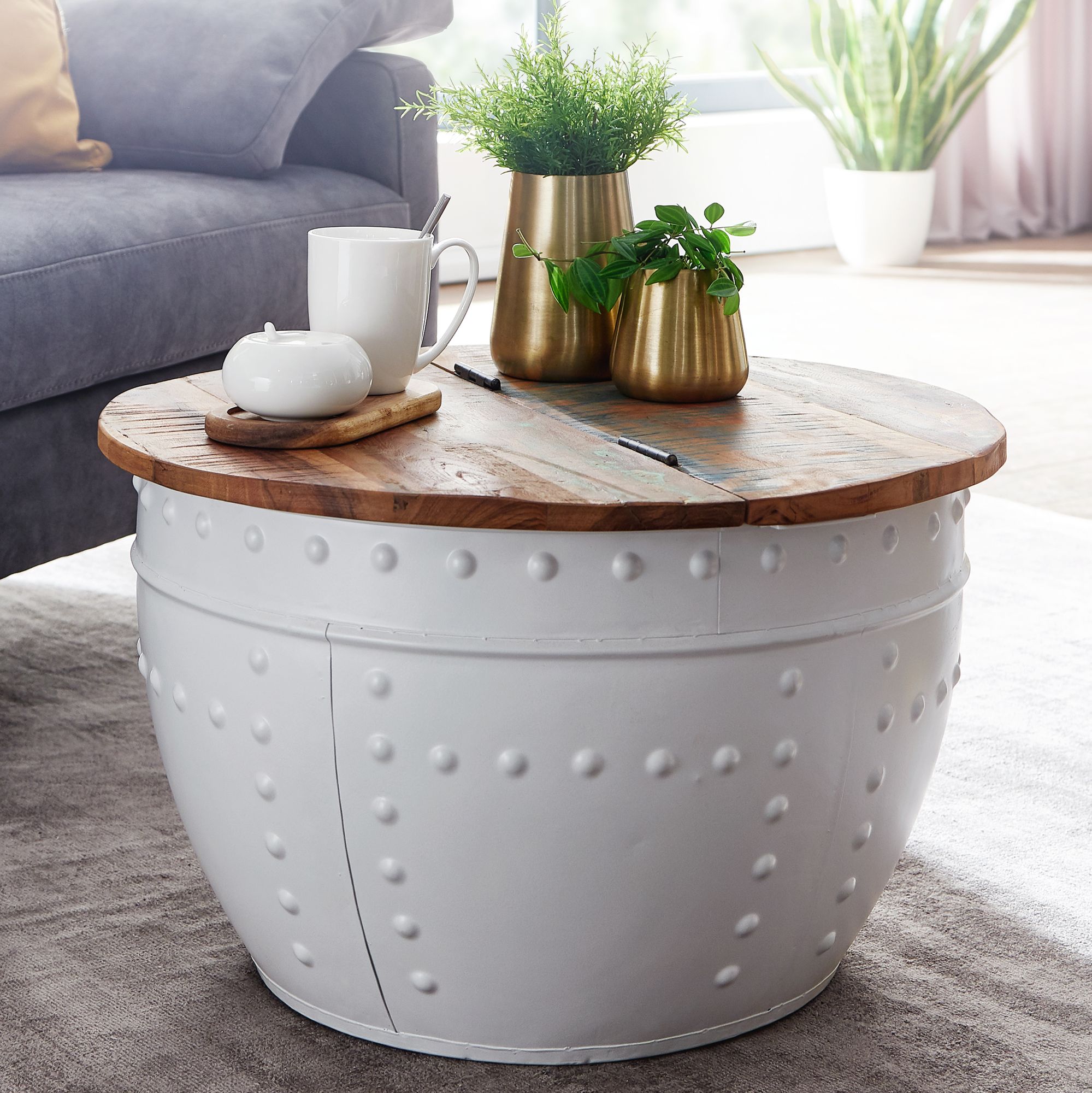 Nancy's Hettinger Coffee Table - Round Table - Side Table - Brown / White - Recycled Solid Mango Wood / Steel - ± Ø 60 x 35 cm
