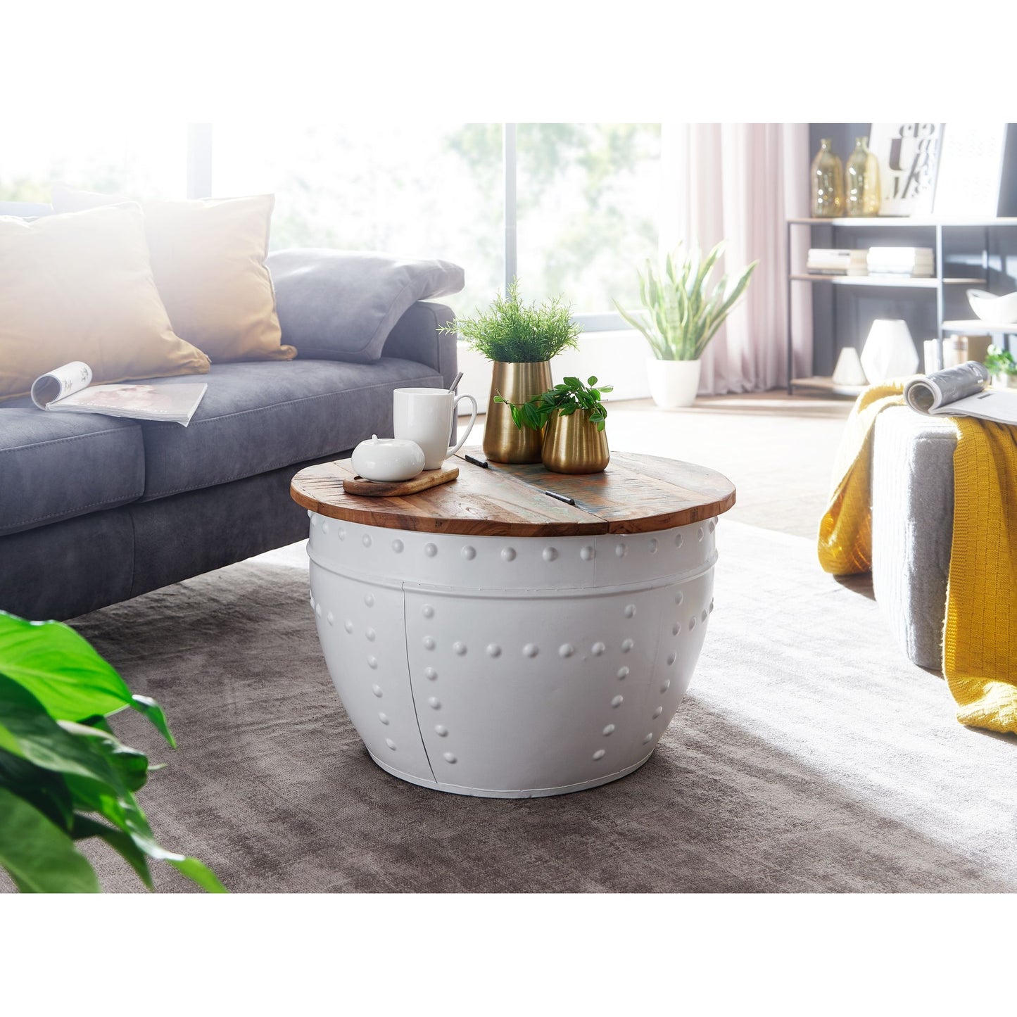 Nancy's Hettinger Salontafel - Koffietafel - Ronde Tafel - Bijzettafel - Bruin / Wit - Gerecycled Massief Mangohout / Staal - ± Ø 60 x 35 cm