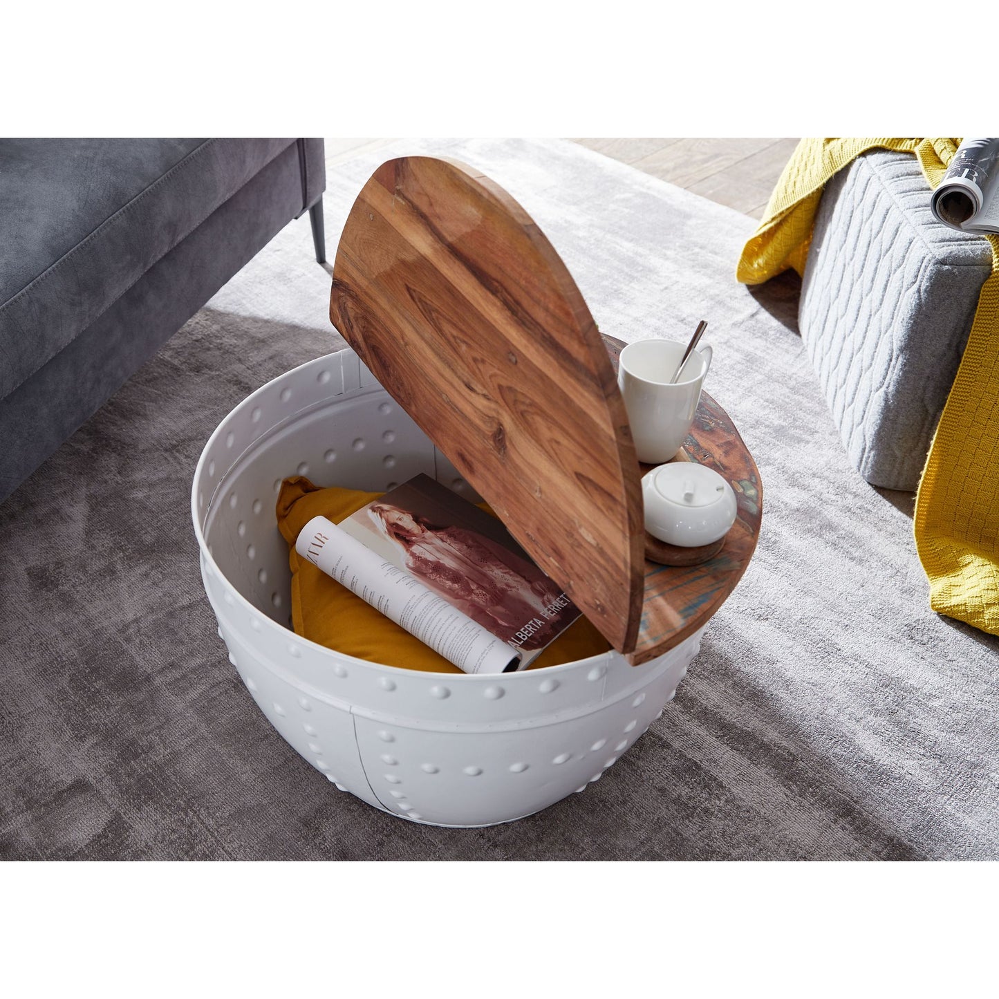 Nancy's Hettinger Salontafel - Koffietafel - Ronde Tafel - Bijzettafel - Bruin / Wit - Gerecycled Massief Mangohout / Staal - ± Ø 60 x 35 cm