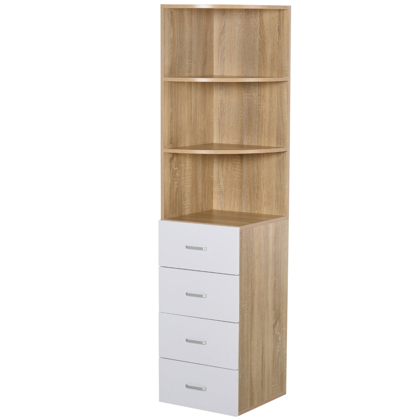 Nancy's Defiance Boekenkast - 3 Niveaus - 4 Lades - Bewerkt Hout - Melamine - 40 x 40 x 170 cm - Naturel - Wit