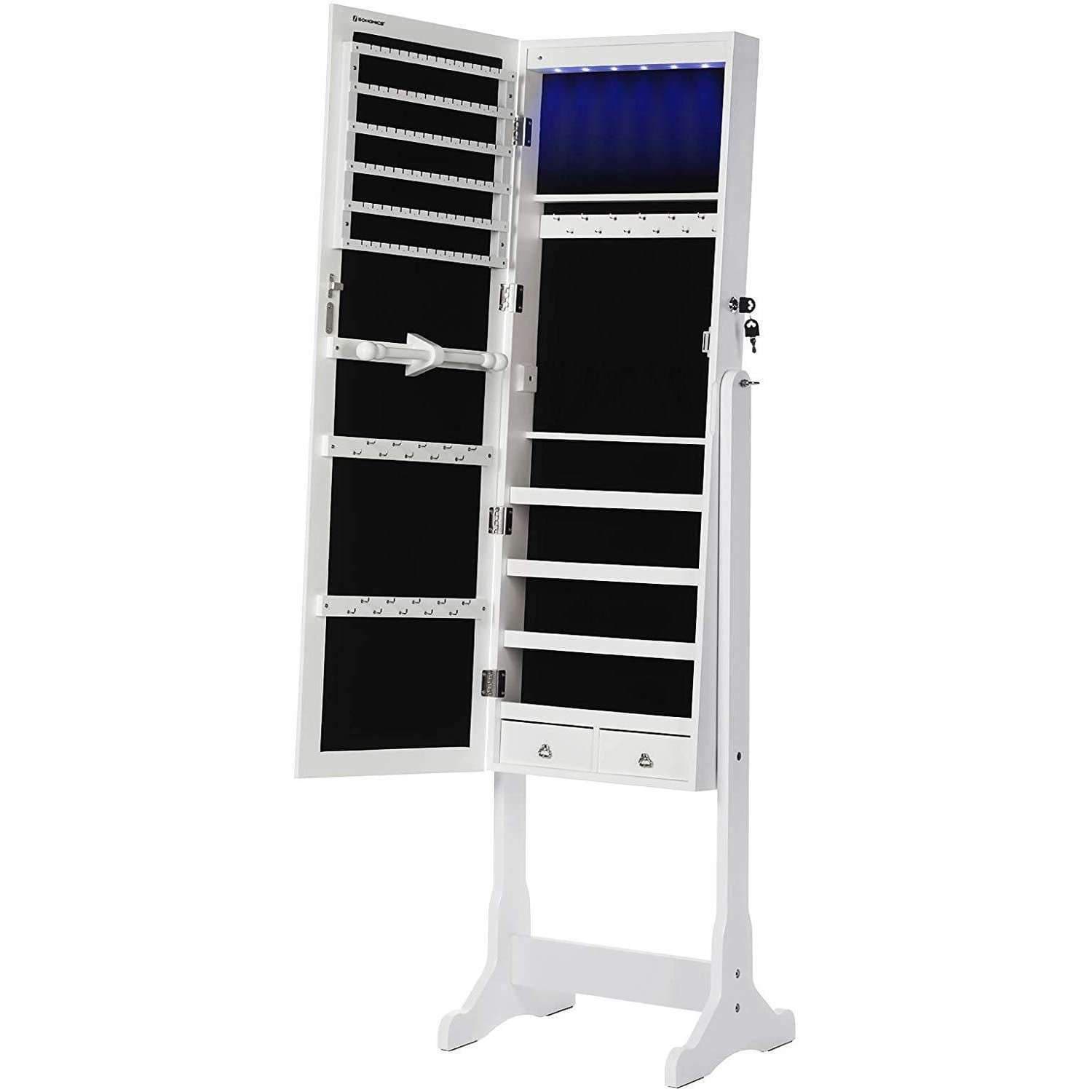 Armoire à bijoux sur pied Milharado de Nancy avec miroir et éclairage LED - Armoire à miroir - Blanc - ± 40 x 35 x 150 cm -