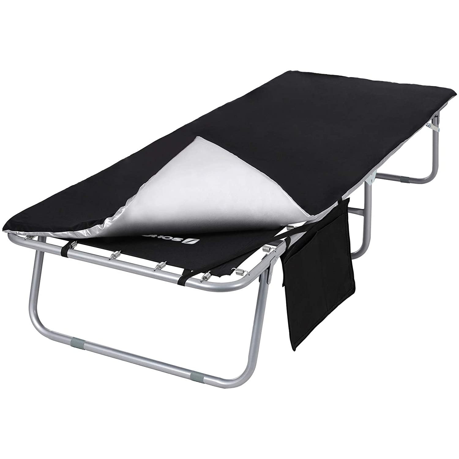 Nancy's Chalk River Campingbed - Stretcher - Ligbed - Matras - Zijvak - Inklapbaar - Zwart - Zilver - Metaal - Kunststof - 200 x 74 x 39 cm