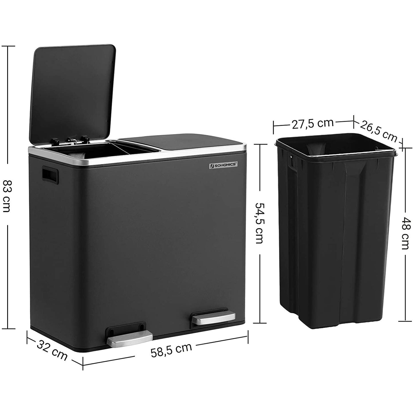 Nancy's Coleman 48L Prullenbak - Vuilnisbak - Pedaalemmer - 2 Compartimenten - Softclose - Binnenemmers - Voetpedalen - Handgrepen - Zwart
