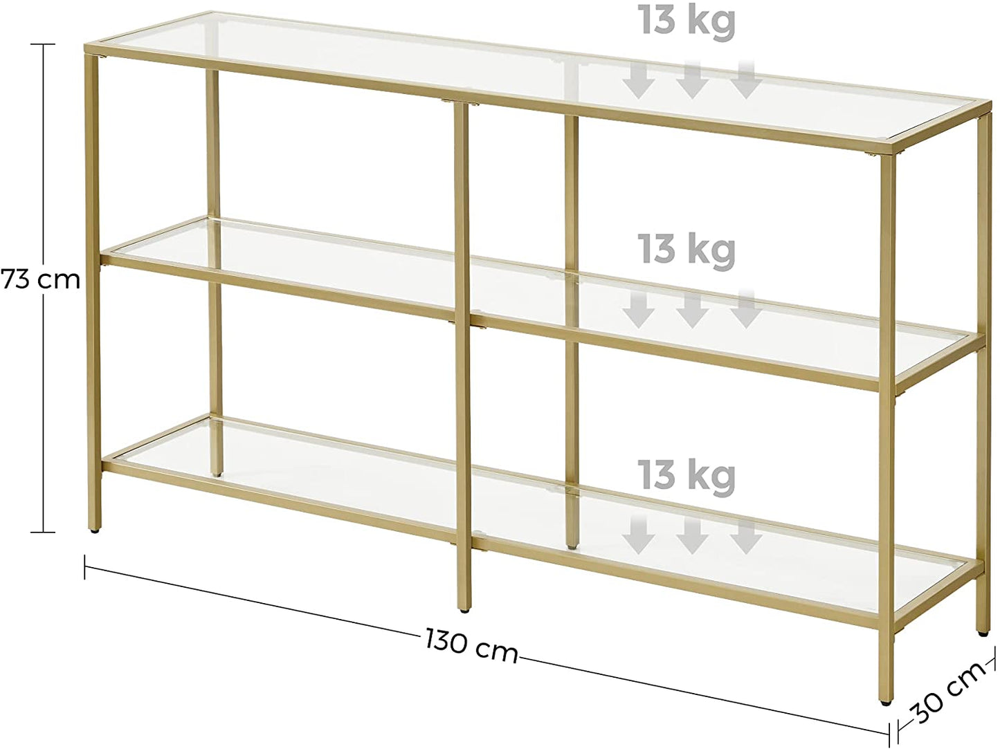 Nancy's Granada Sidetable - Consoletafel - 3 Niveaus - Goud - Glas / Staal - ± 130 x 30 x 70 cm
