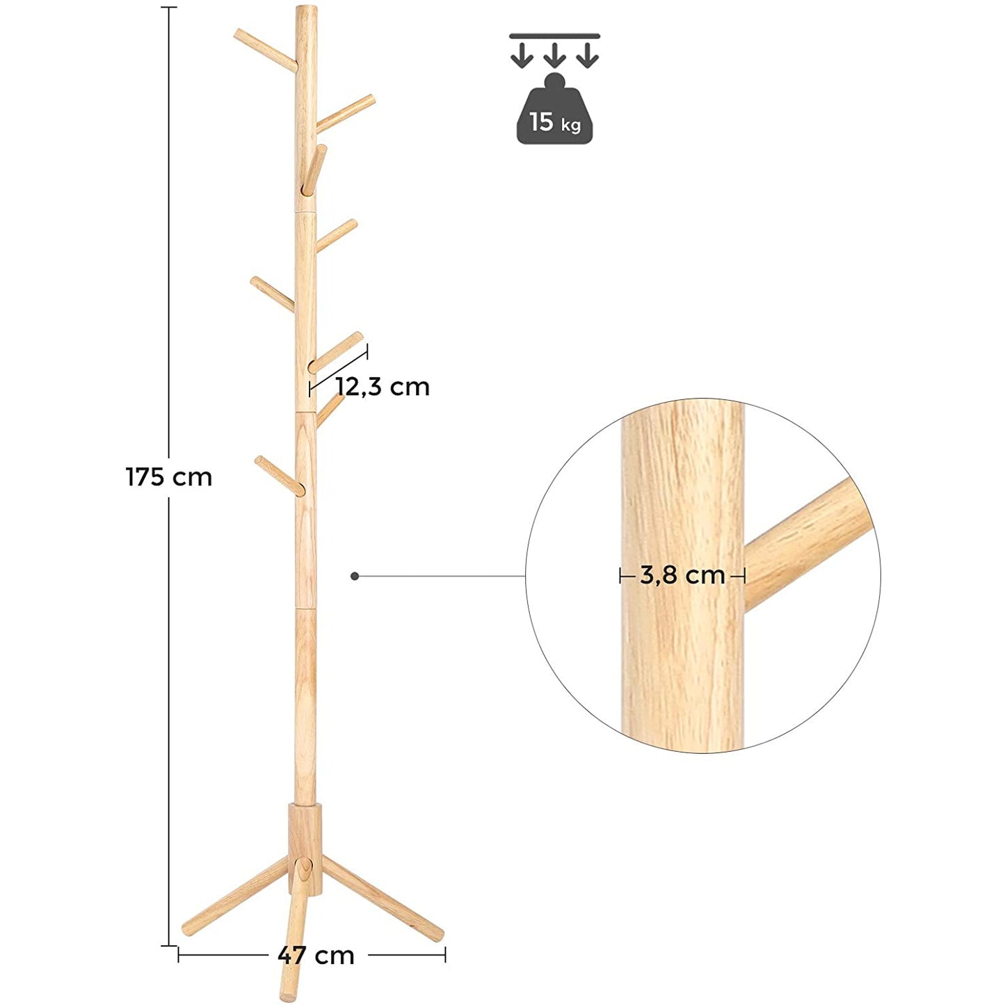 Nancy's Calcar Staande Kapstok - Kledingrek - Garderobe - 8 Haken - Natuurlijk - Rubberhout
