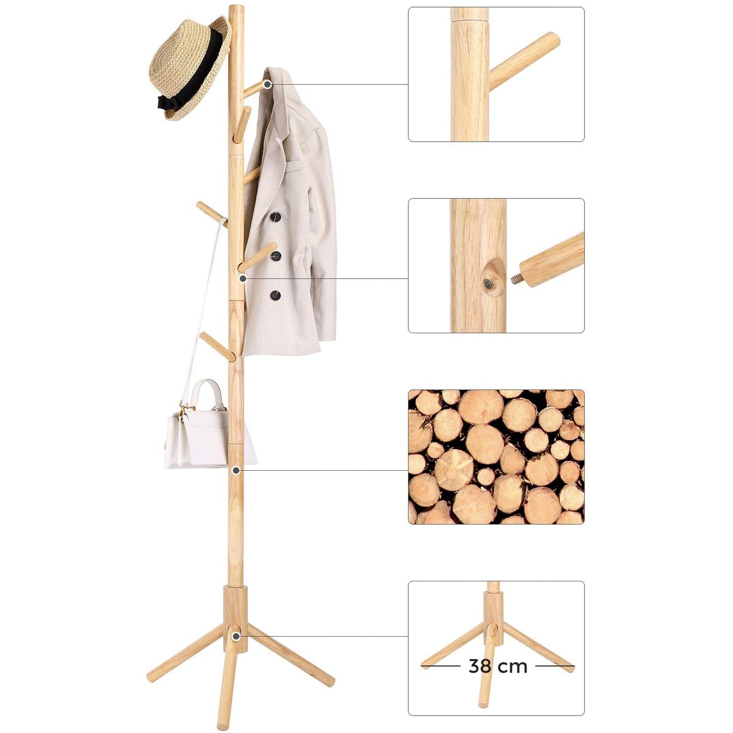 Nancy's Calcar Staande Kapstok - Kledingrek - Garderobe - 8 Haken - Natuurlijk - Rubberhout