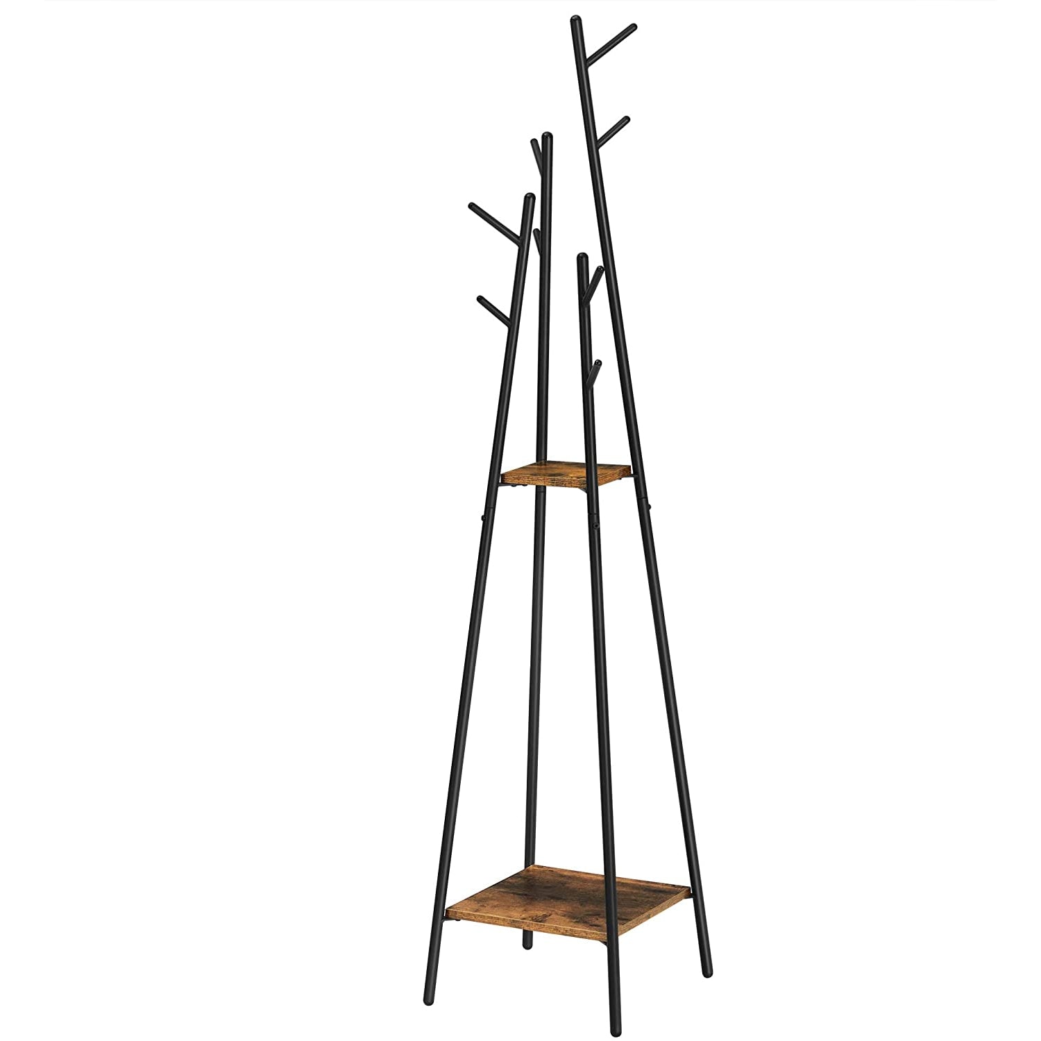 Nancy's Perryton Kapstok - 2 Legplanken - 8 Haken - 38 x 38 x 171 cm - Industrieel - Bruin - Zwart - Bewerkt Hout - Metaal