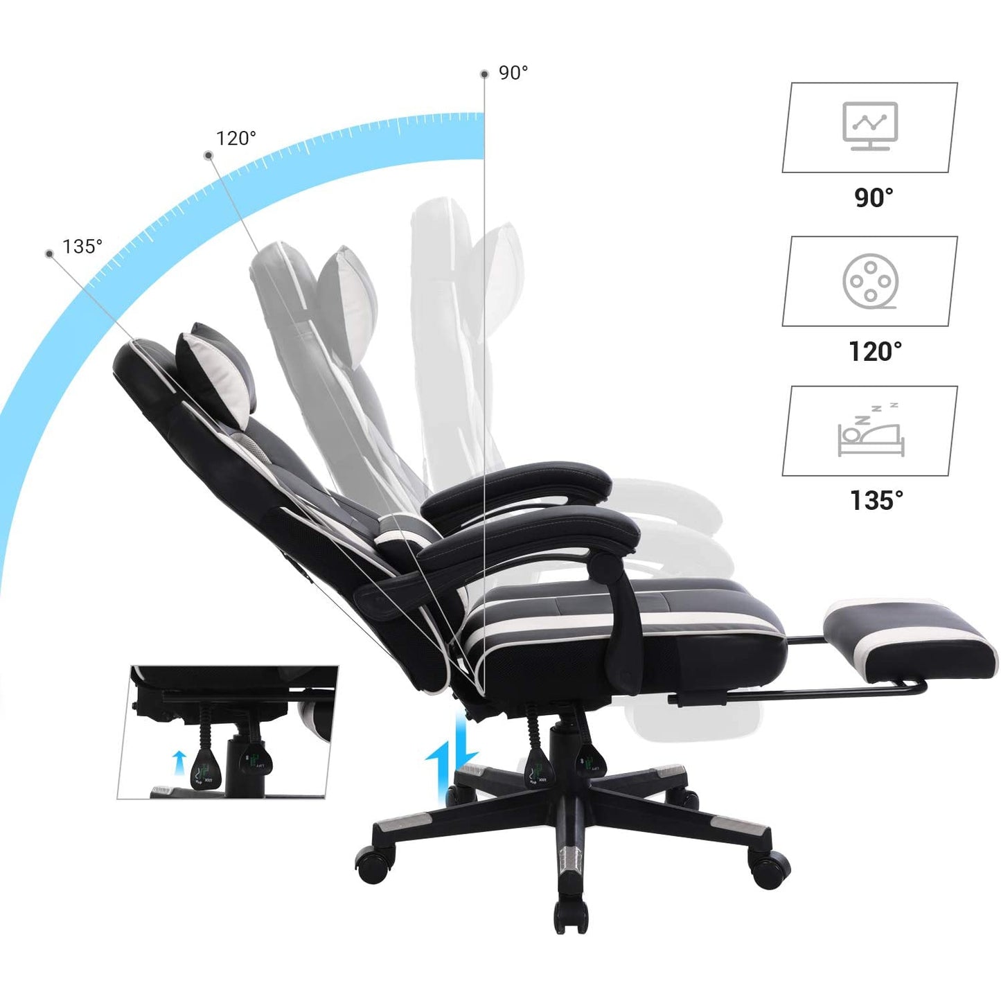 Nancy's Gatineau Gamestoel - Bureaustoel - Draaistoel - Uitschuifbare Voetensteun - Ergonomisch - Zwart / Wit